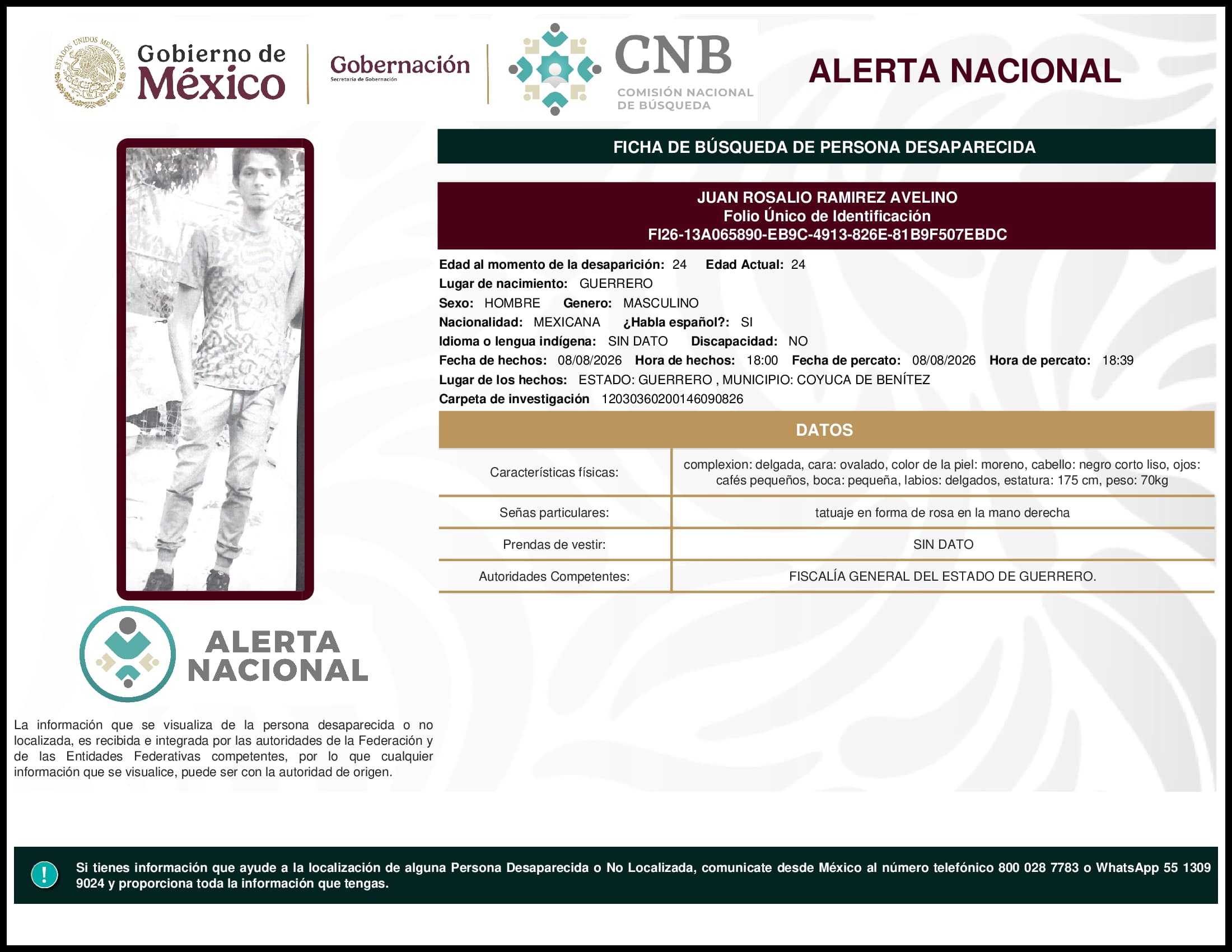 Persona desaparecida Juan Rosalio Ramirez Avelino