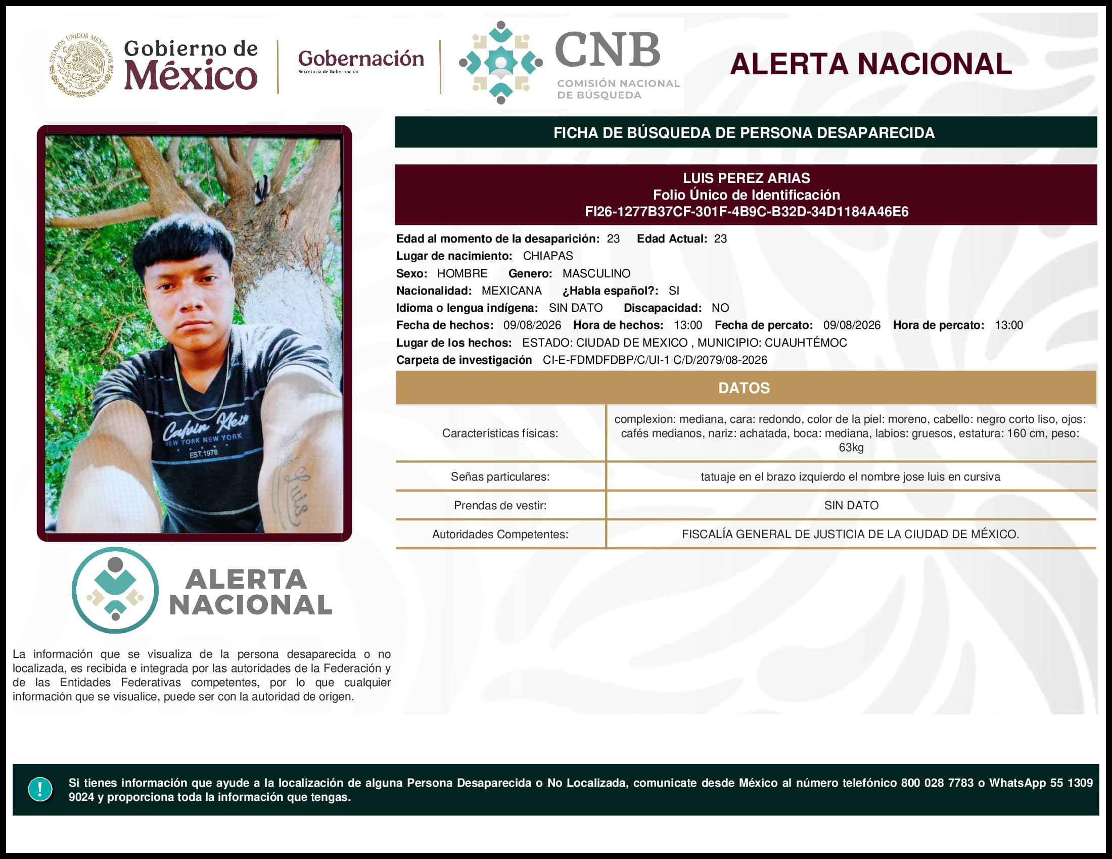 Persona desaparecida Luis Perez Arias
