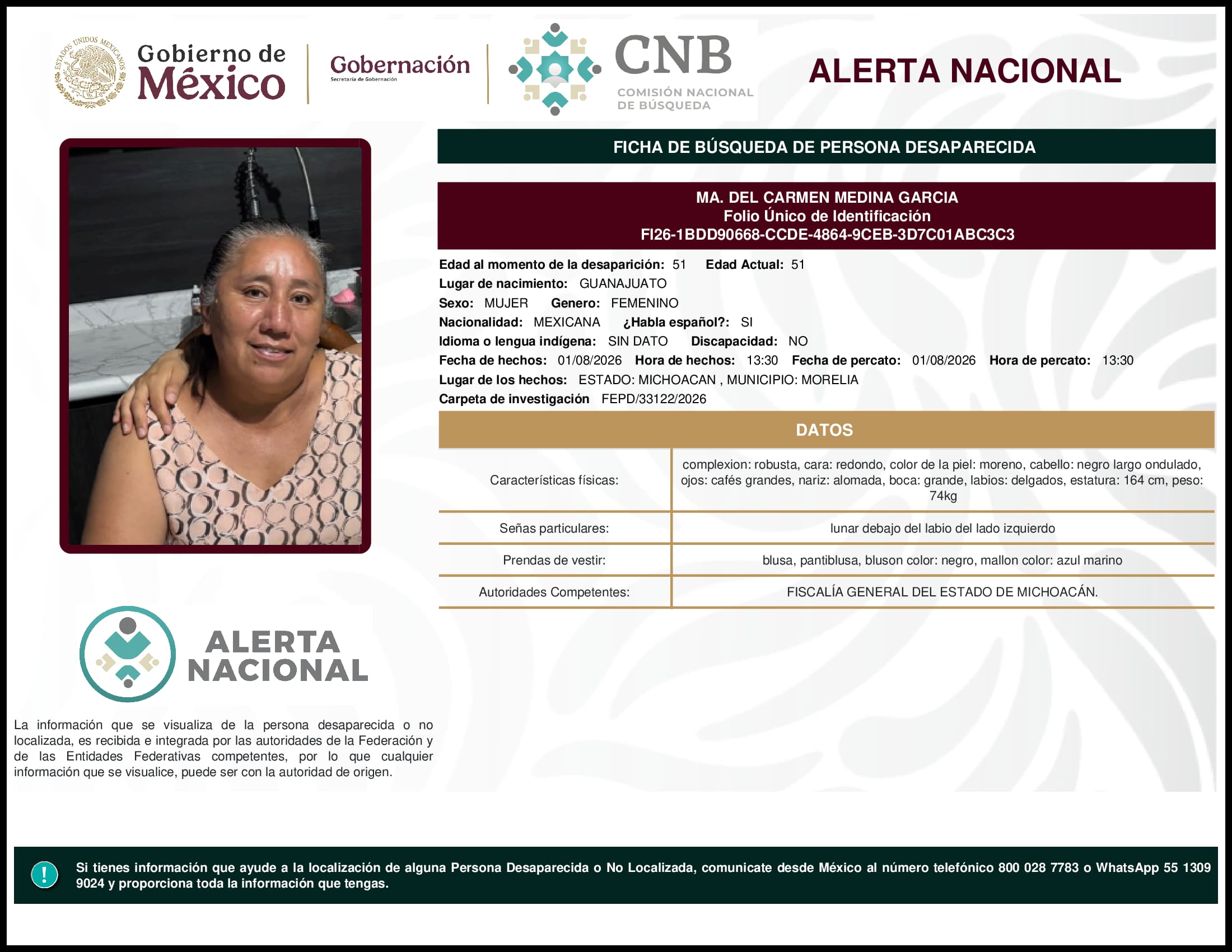 Persona desaparecida Ma. Del Carmen Medina Garcia