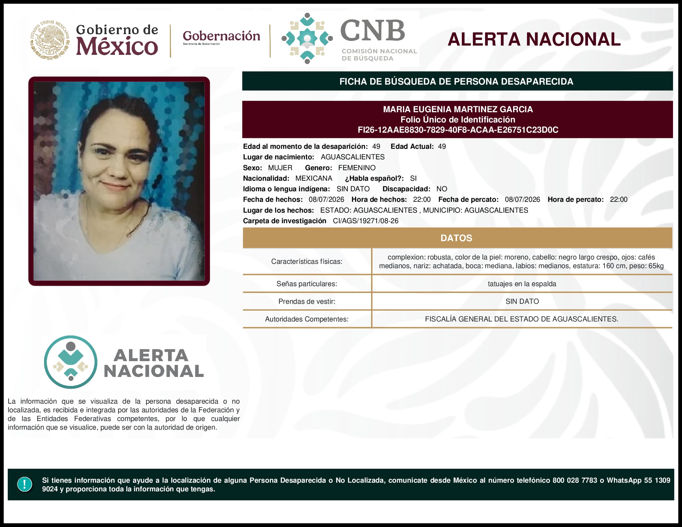 Persona desaparecida Maria Eugenia Martinez Garcia