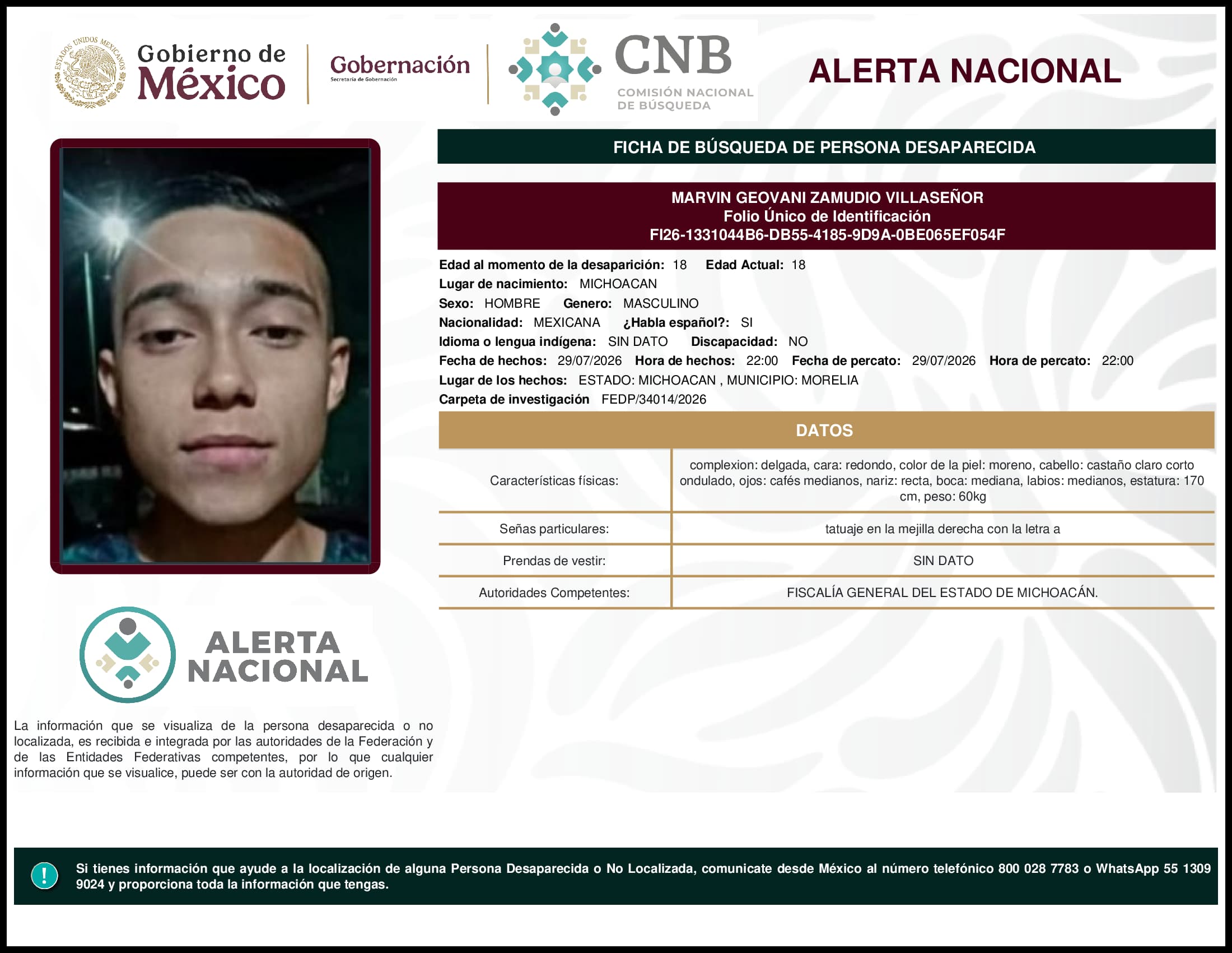 Persona desaparecida Marvin Geovani Zamudio Villasenor