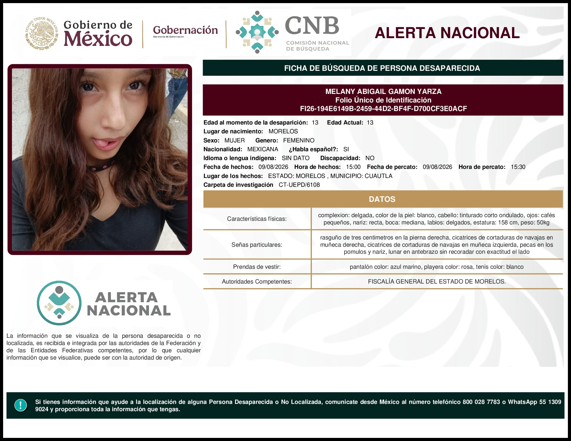 Persona desaparecida Melany Abigail Gamon Yarza