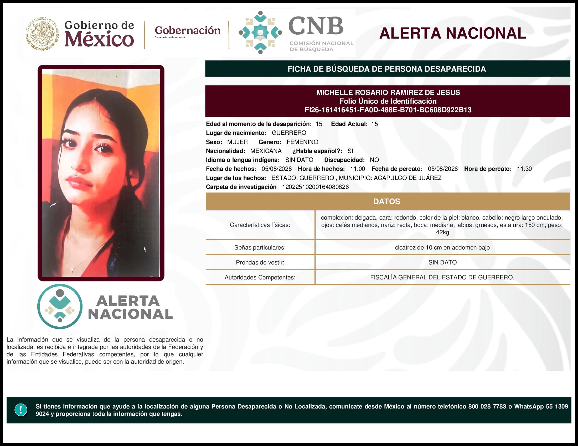 Persona desaparecida Michelle Rosario Ramirez De Jesus