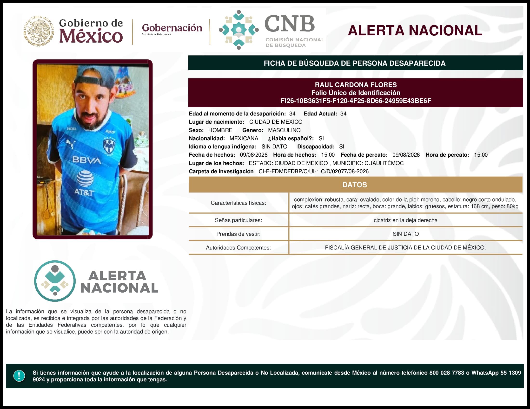 Persona desaparecida Raul Cardona Flores