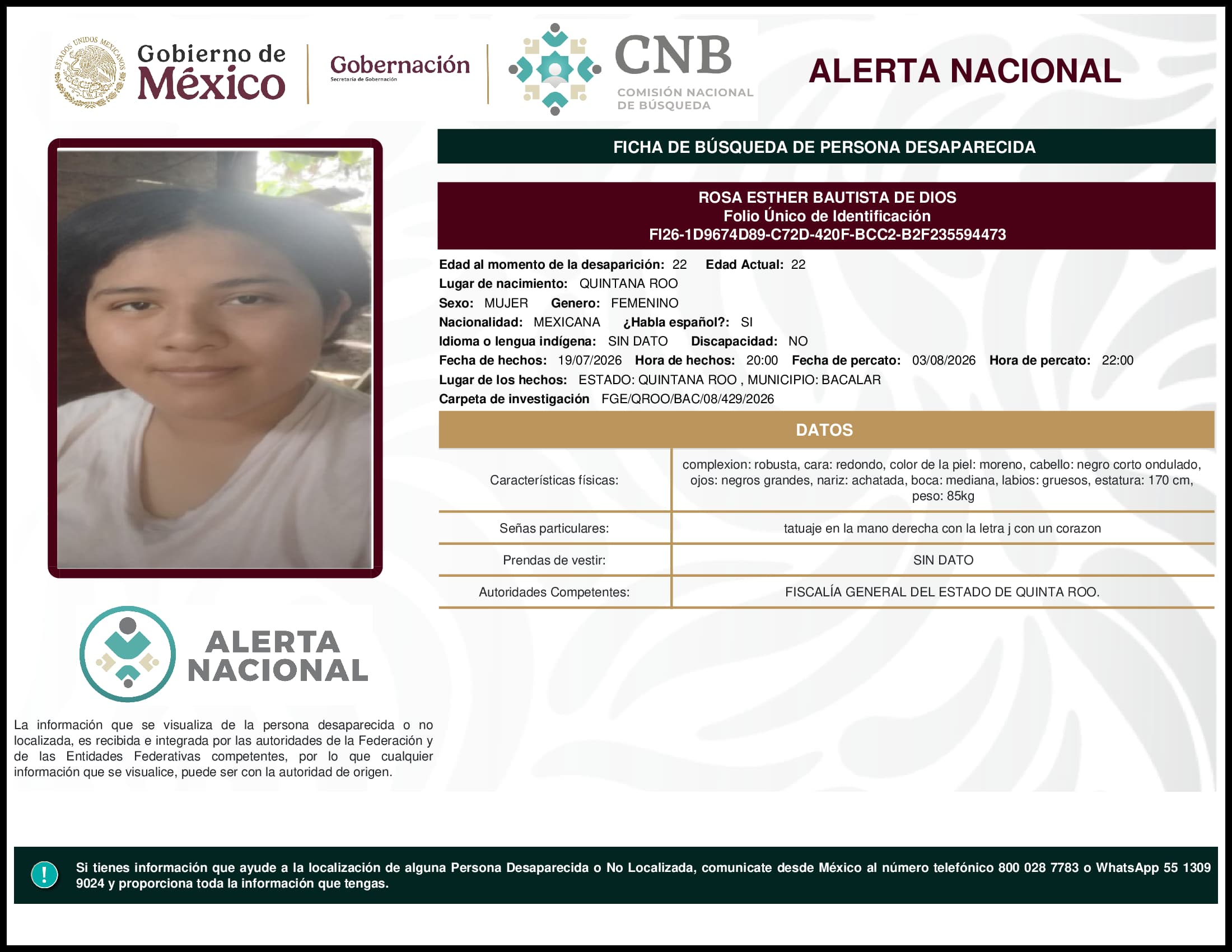 Persona desaparecida Rosa Esther Bautista De Dios