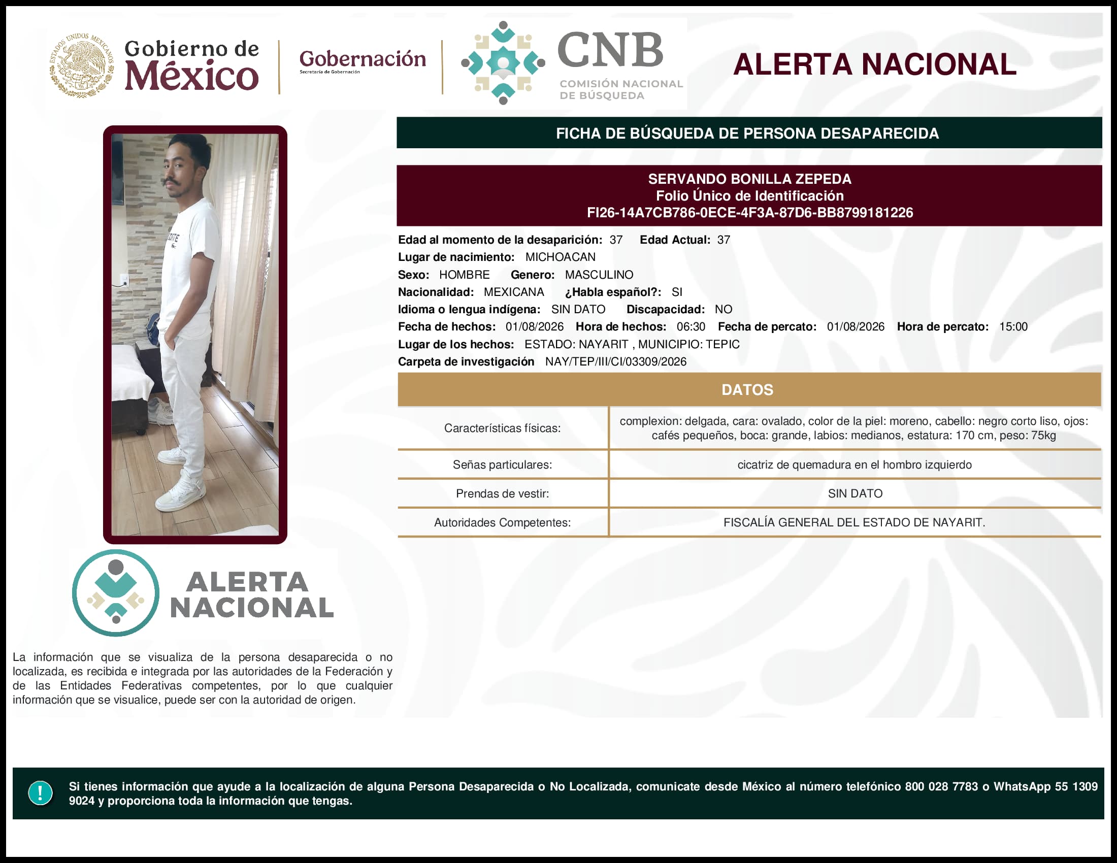 Persona desaparecida Servando Bonilla Zepeda