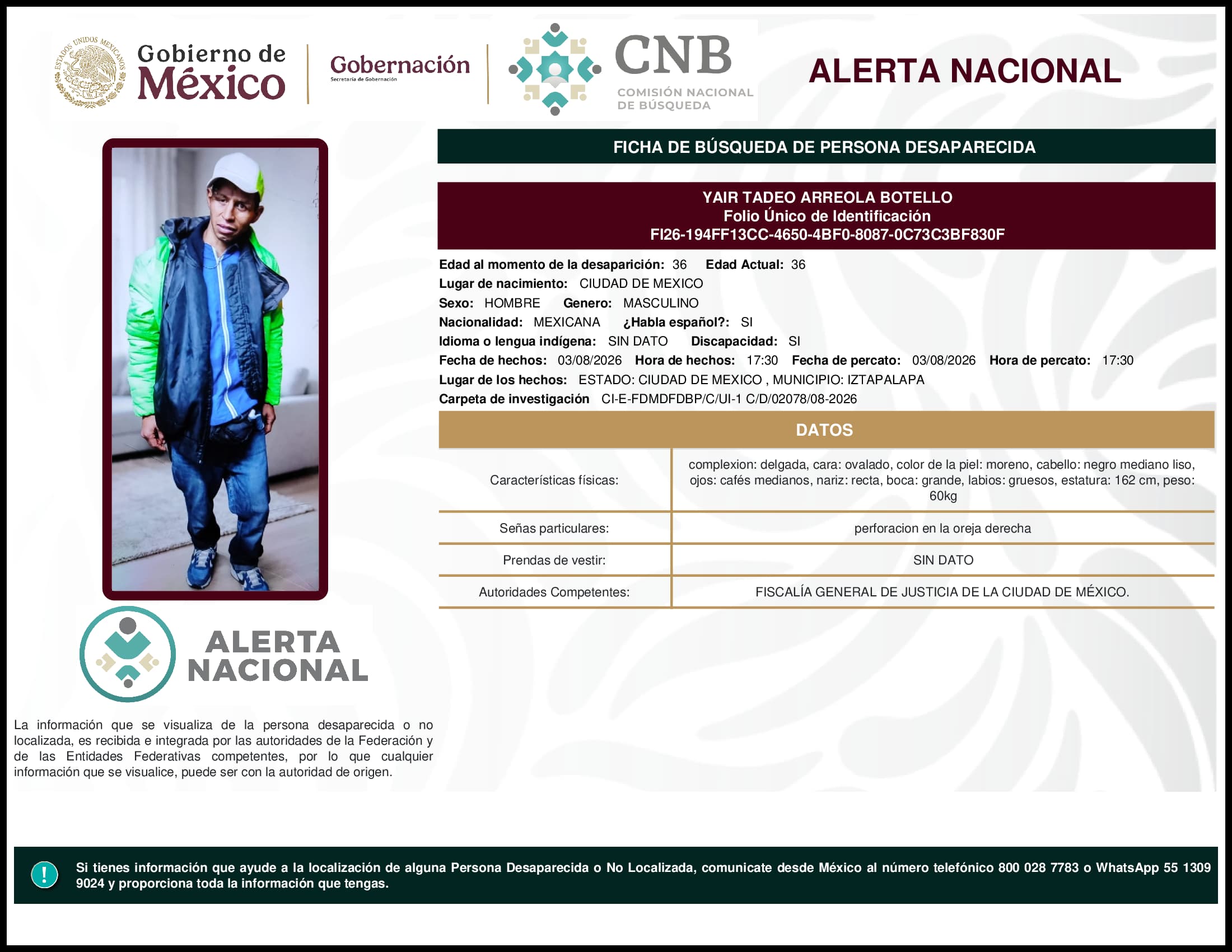 Persona desaparecida Yair Tadeo Arreola Botello