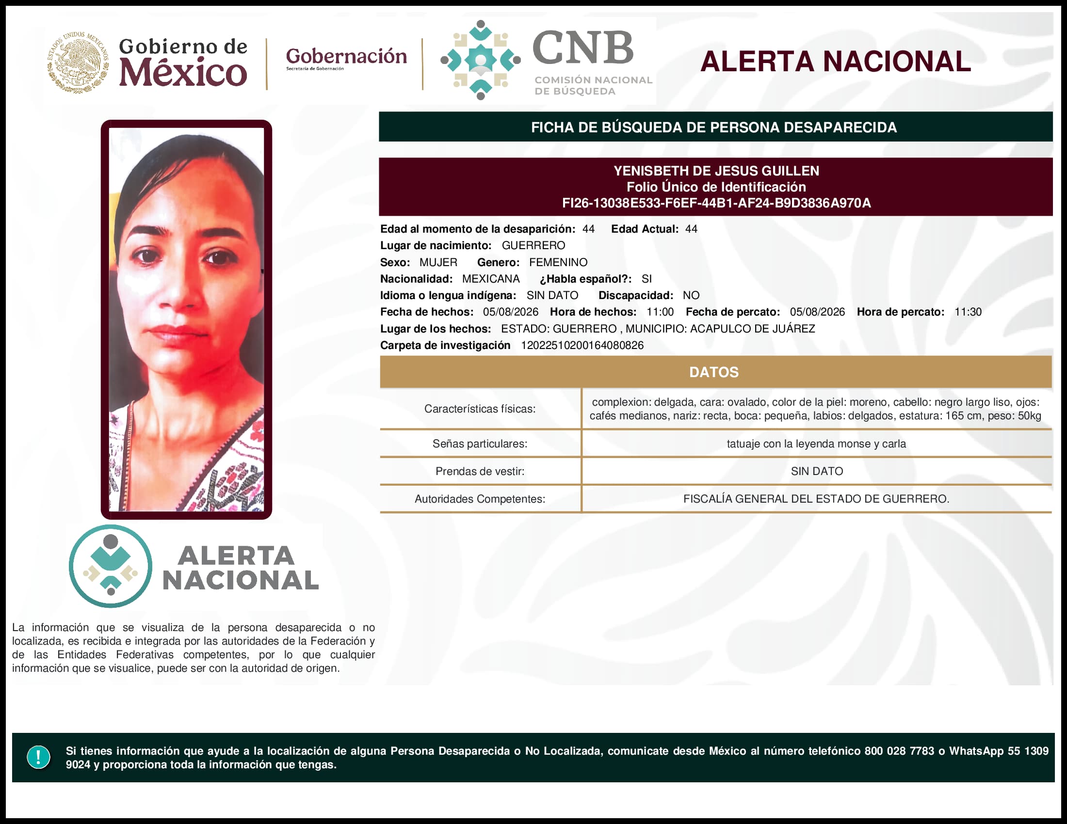 Persona desaparecida Yenisbeth De Jesus Guillen