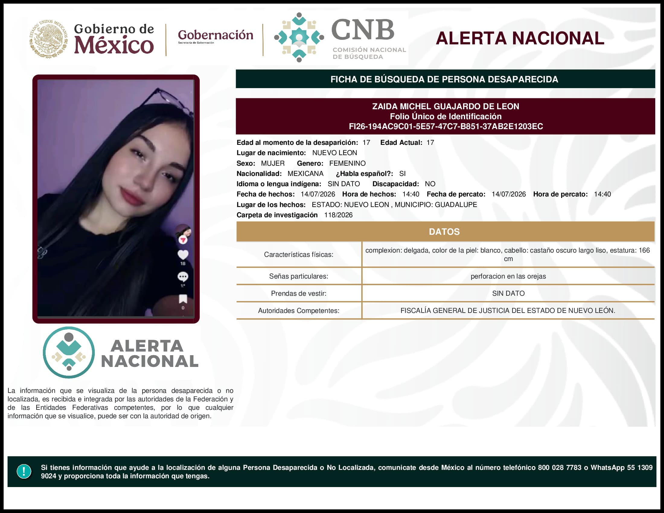 Persona desaparecida Zaida Michel Guajardo De Leon
