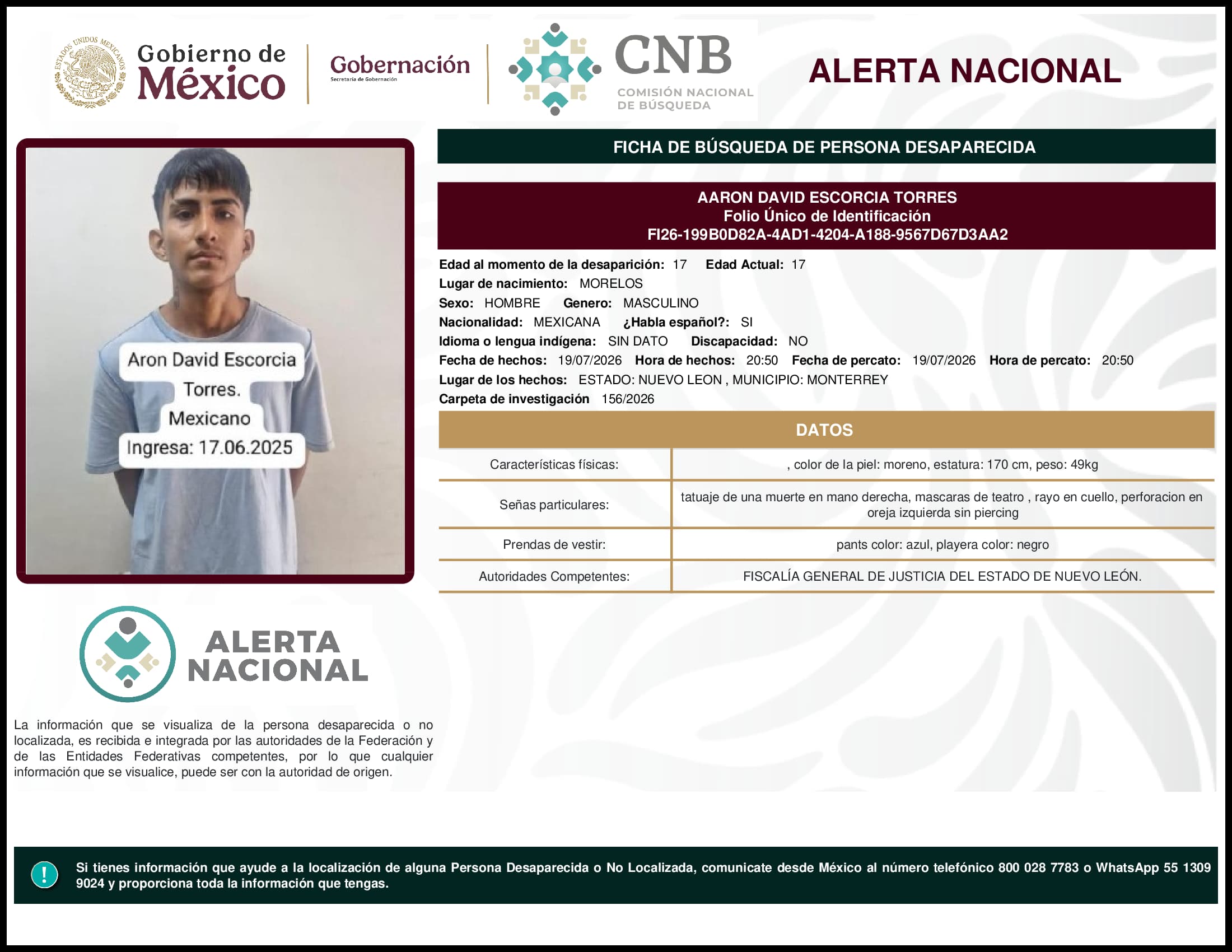 Persona desaparecida Aaron David Escorcia Torres