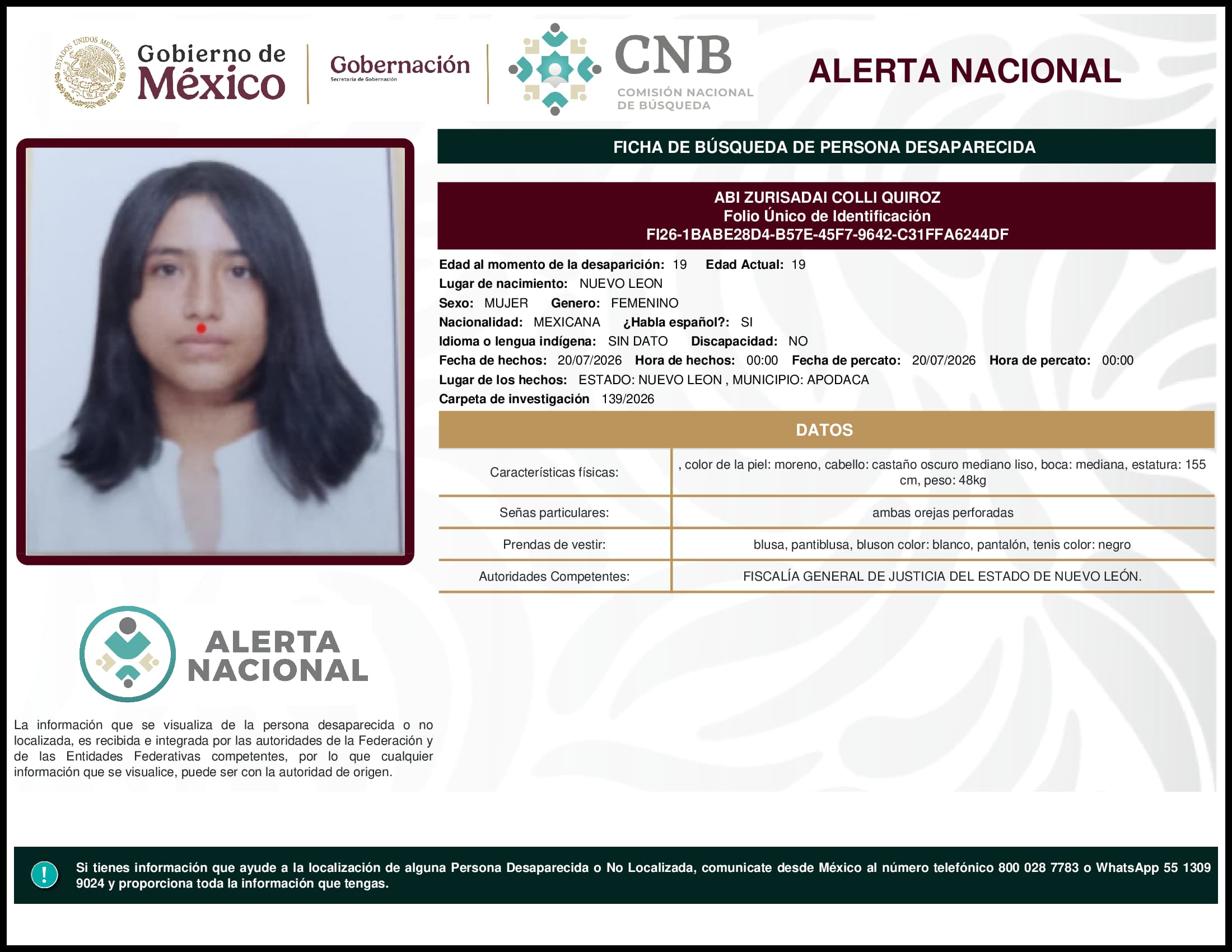Persona desaparecida Abi Zurisadai Colli Quiroz