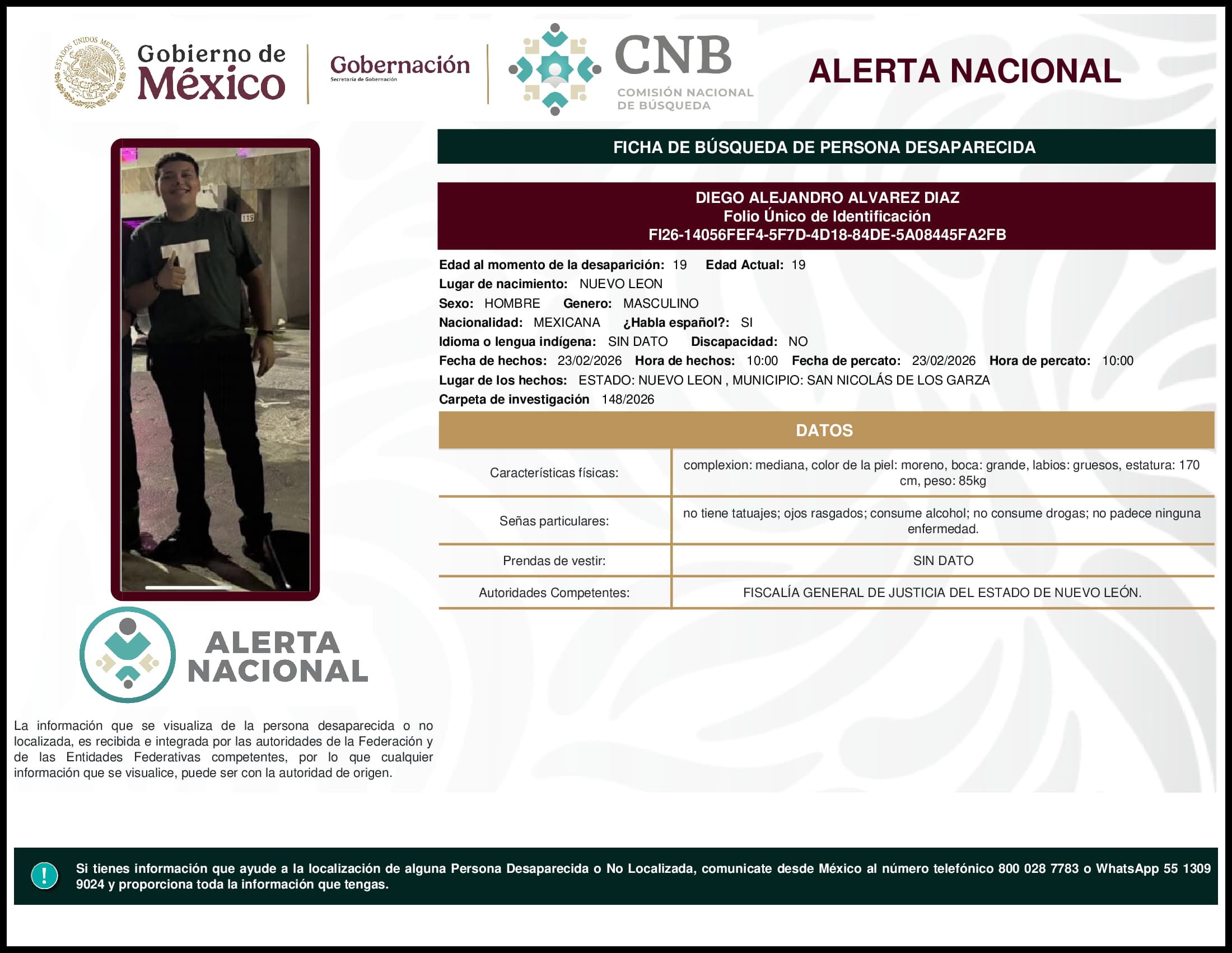 Persona desaparecida Diego Alejandro Alvarez Diaz