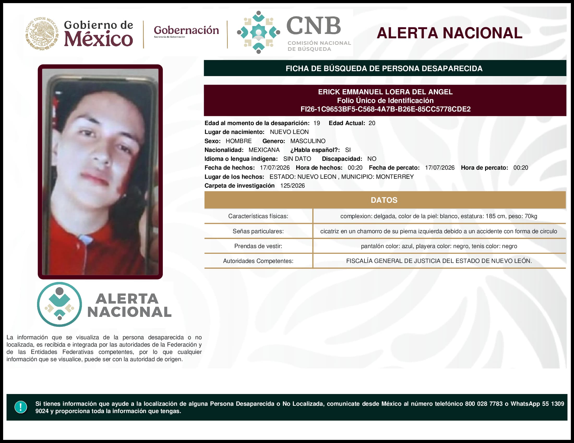 Persona desaparecida Erick Emmanuel Loera Del Angel