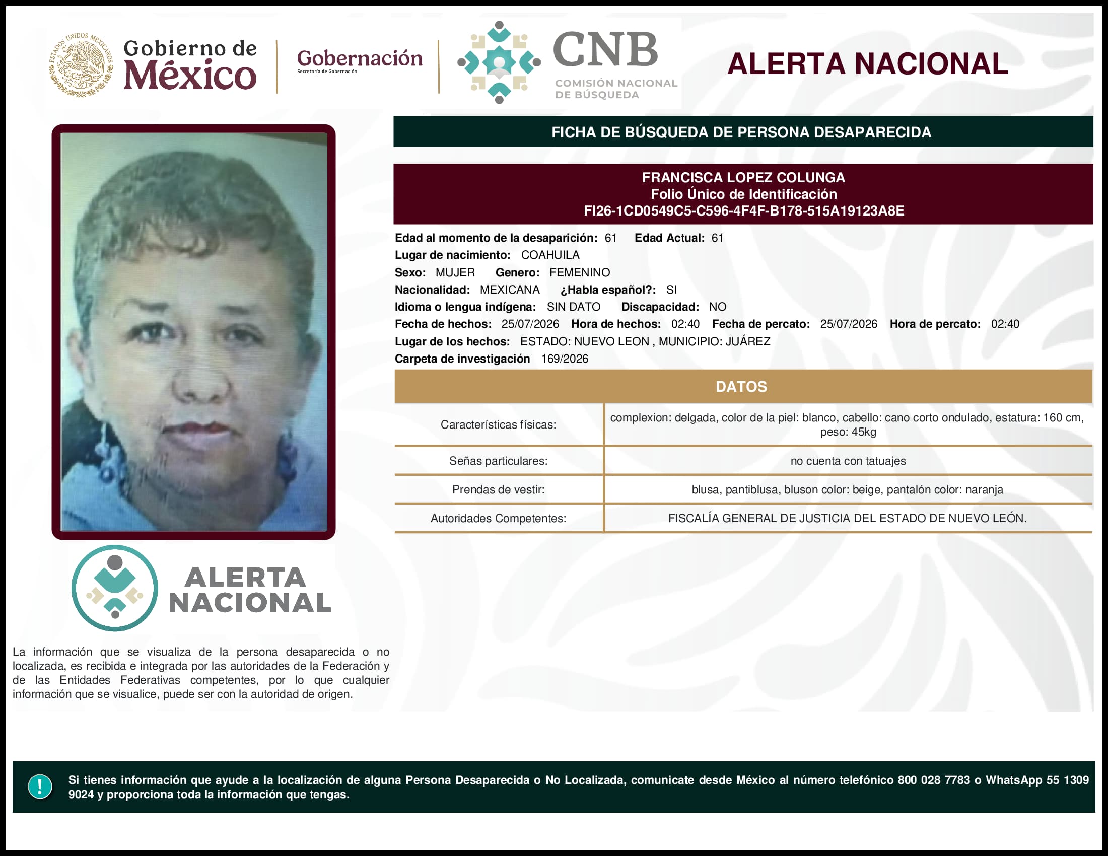 Persona desaparecida Francisca Lopez Colunga