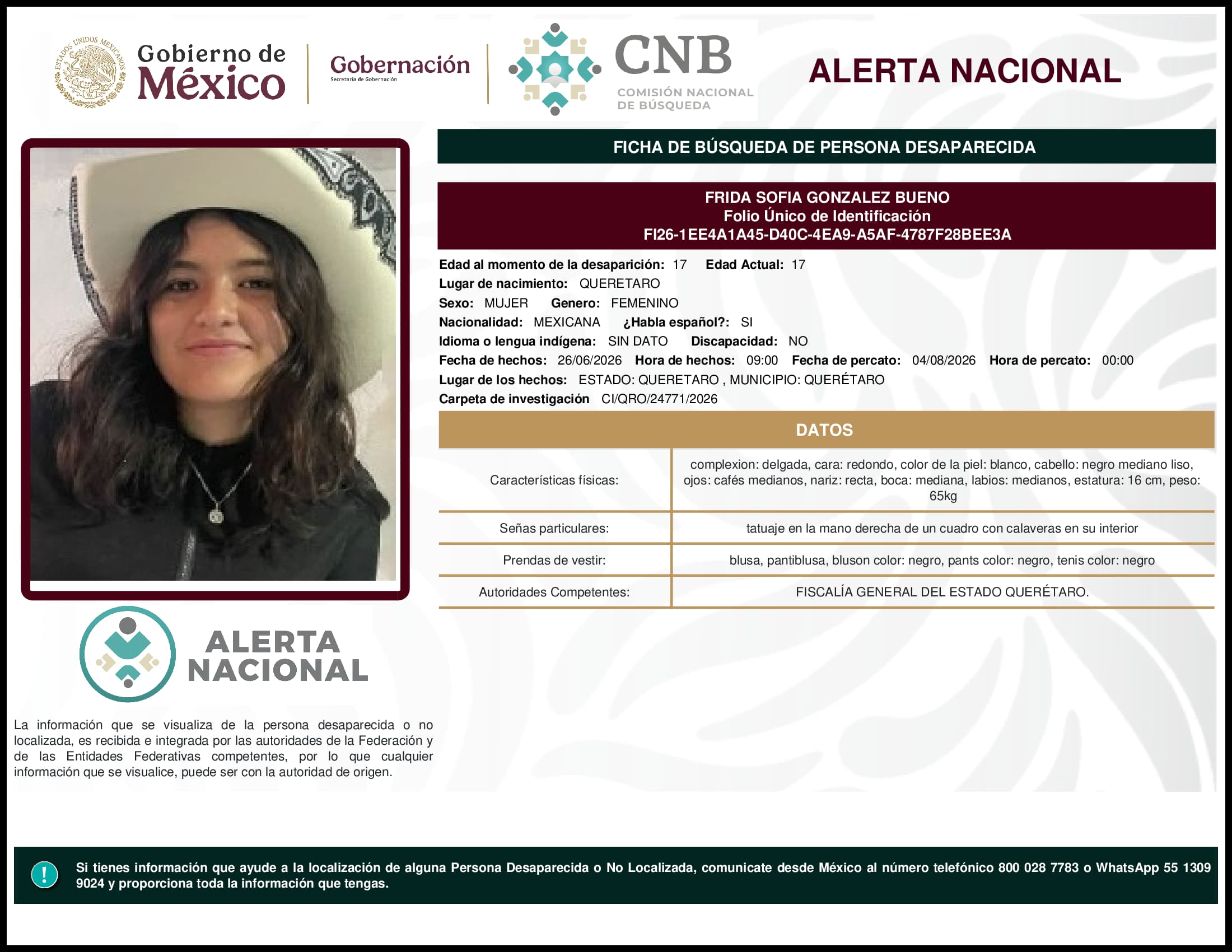 Persona desaparecida Frida Sofia Gonzalez Bueno