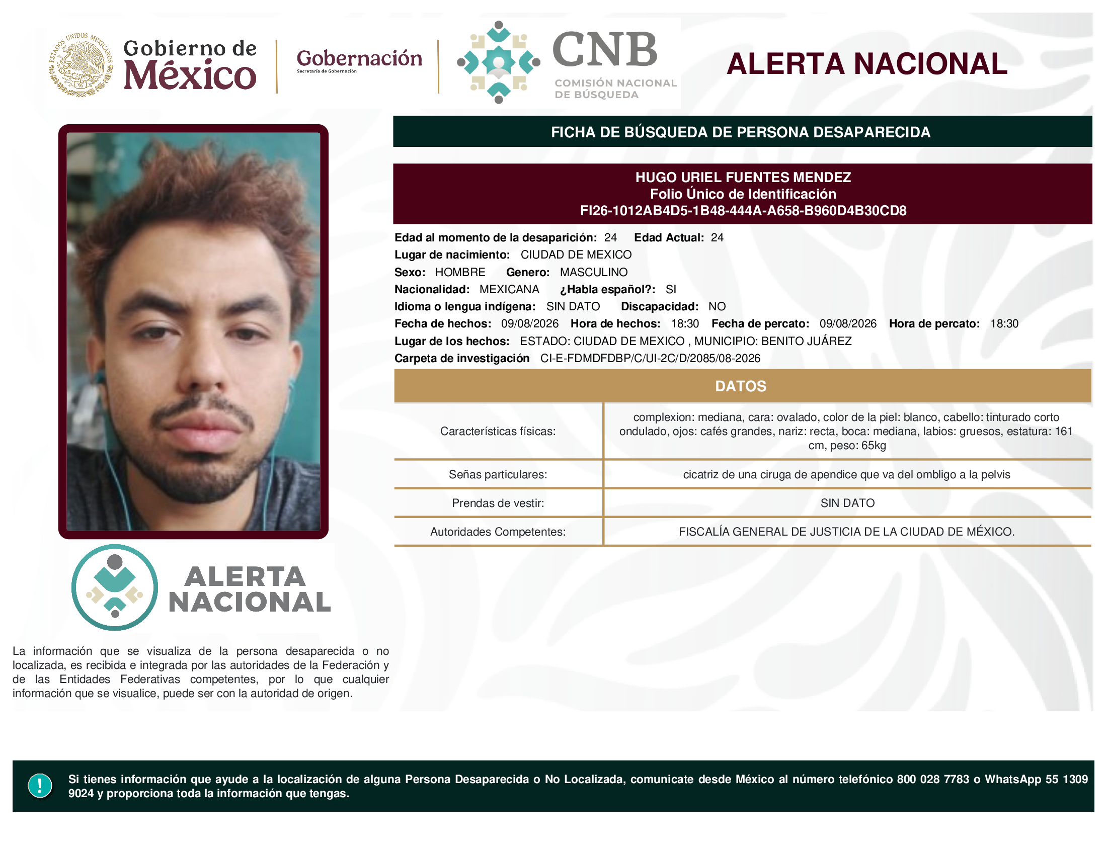 Persona desaparecida Hugo Uriel Fuentes Mendez