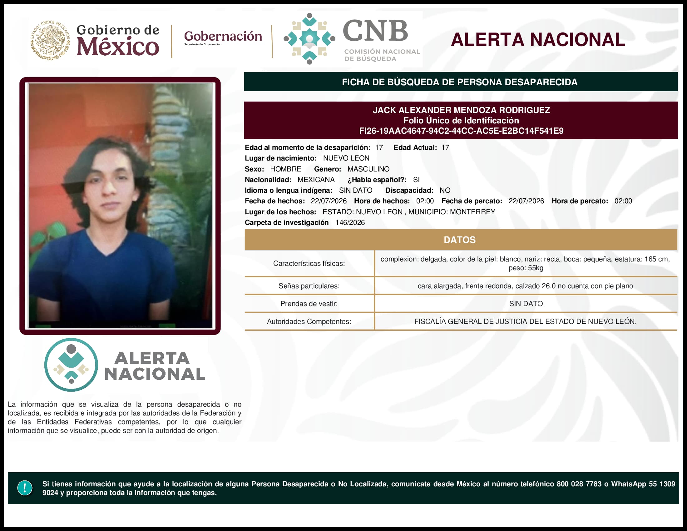 Persona desaparecida Jack Alexander Mendoza Rodriguez