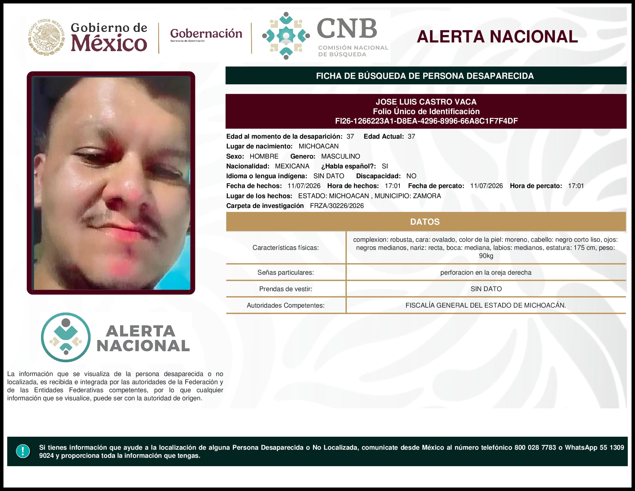 Persona desaparecida Jose Luis Castro Vaca