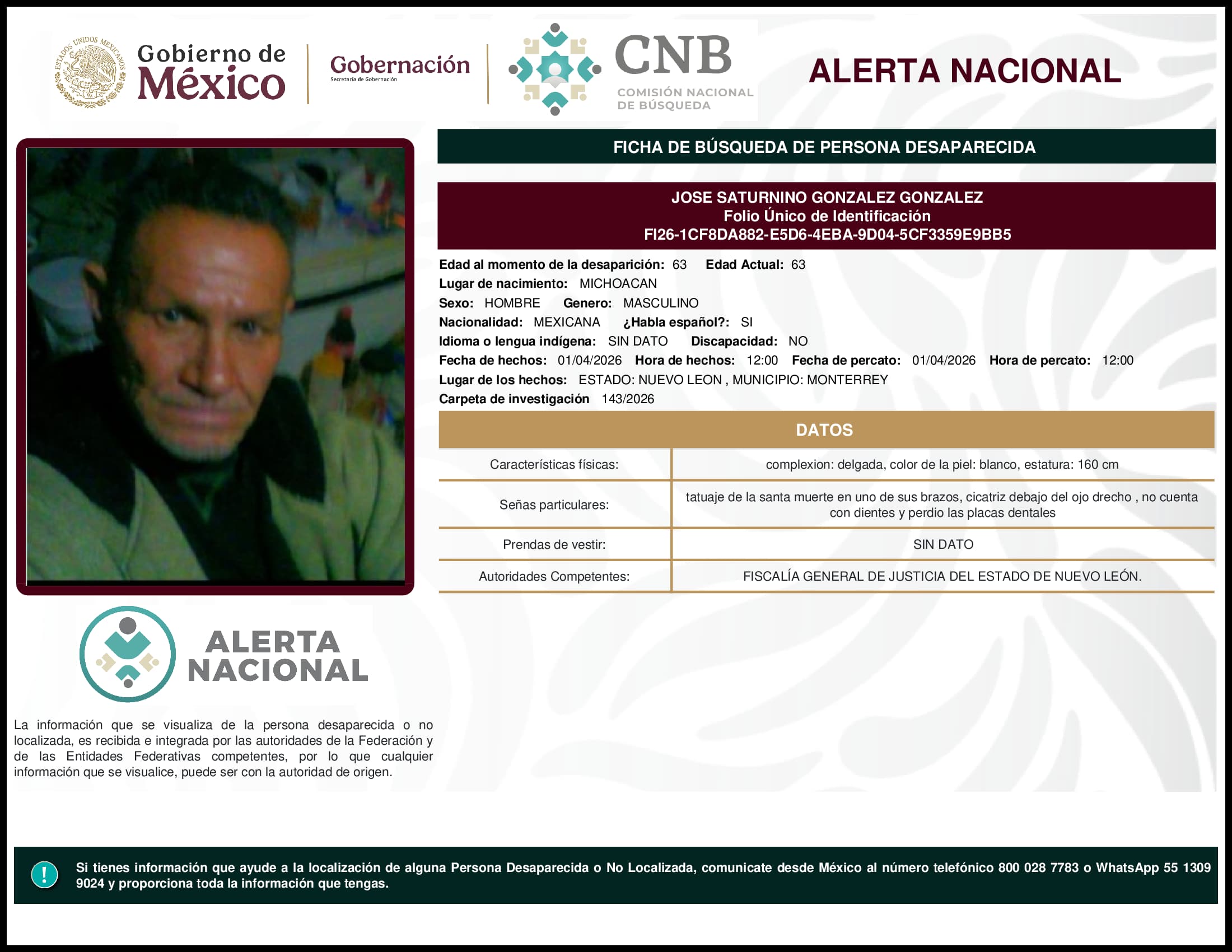 Persona desaparecida Jose Saturnino Gonzalez Gonzalez