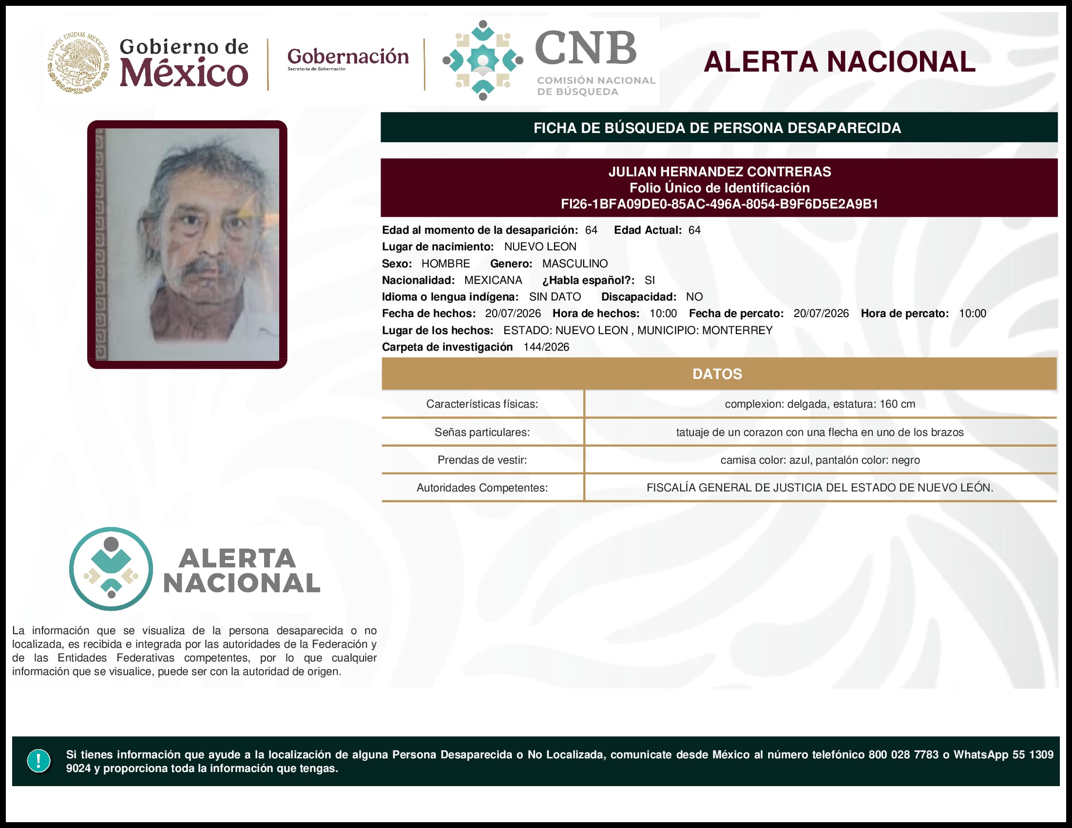 Persona desaparecida Julian Hernandez Contreras