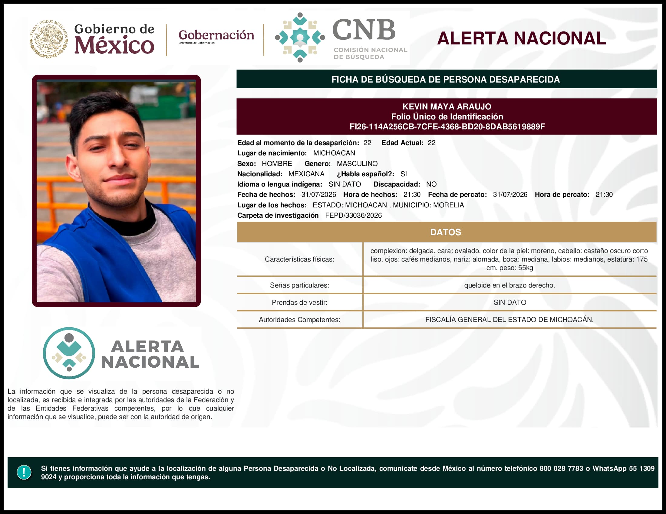Persona desaparecida Kevin Maya Araujo