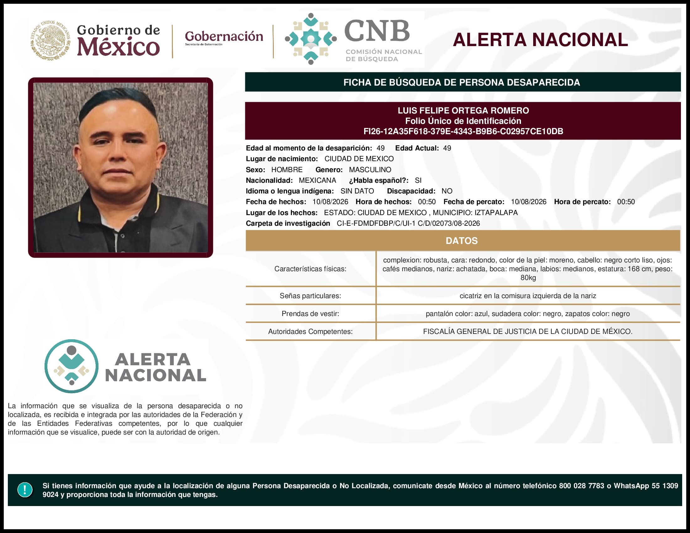 Persona desaparecida Luis Felipe Ortega Romero