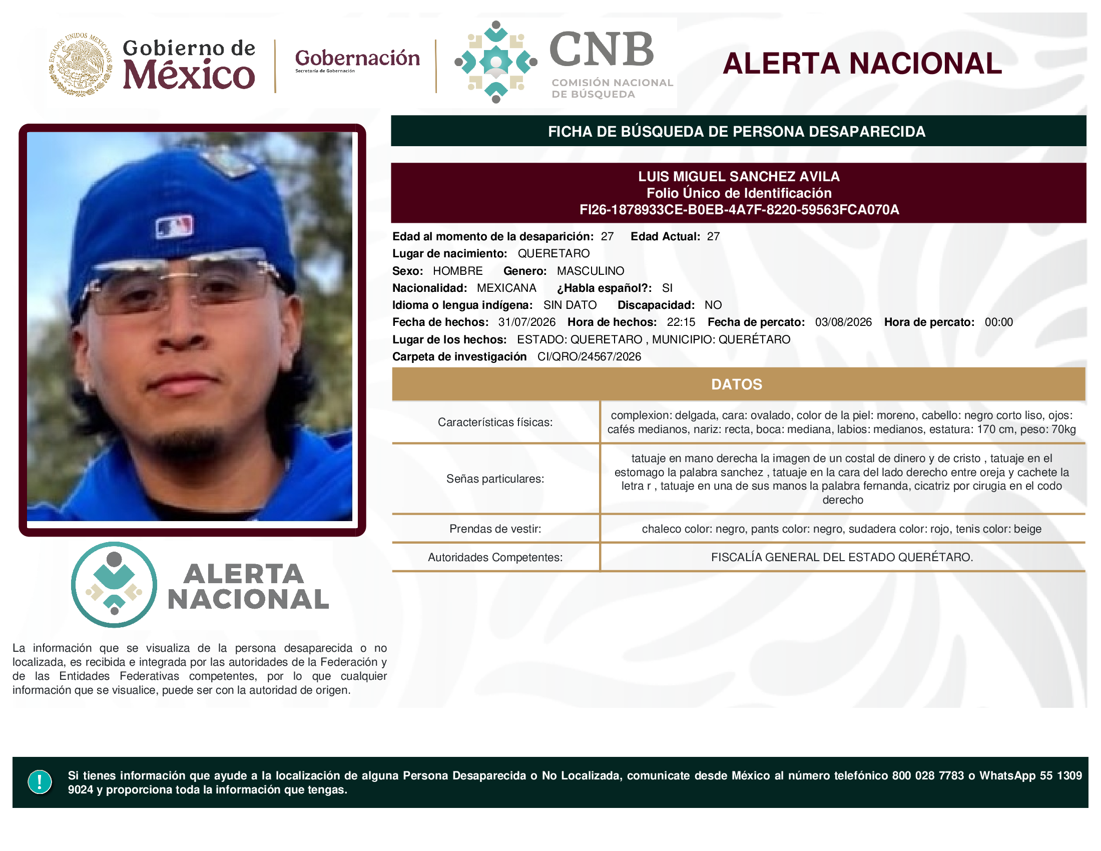 Persona desaparecida Luis Miguel Sanchez Avila