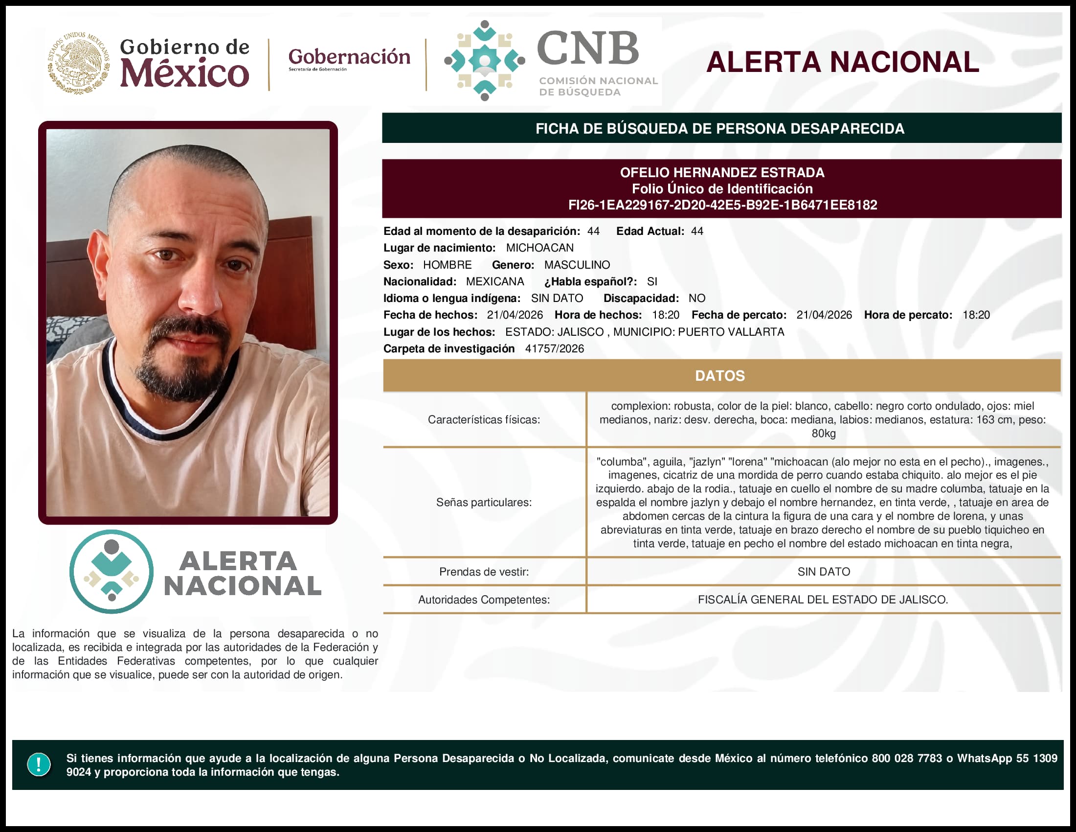 Persona desaparecida Ofelio Hernandez Estrada