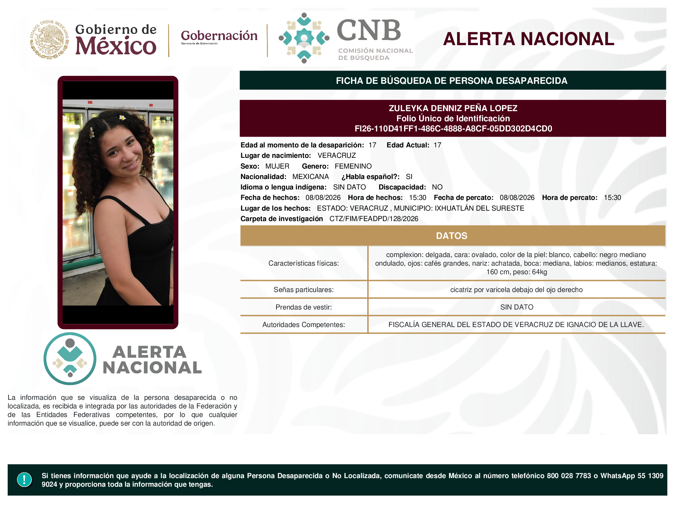 Persona desaparecida Zuleyka Denniz Pena Lopez