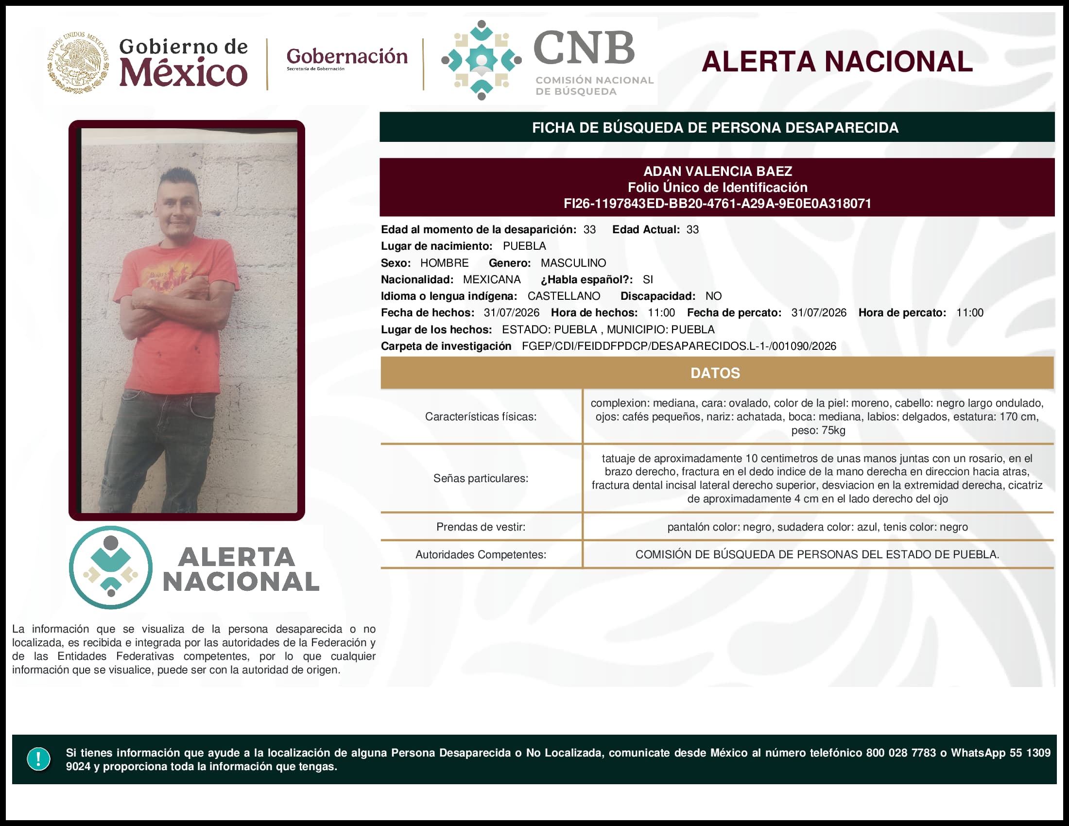Persona desaparecida Adan Valencia Baez
