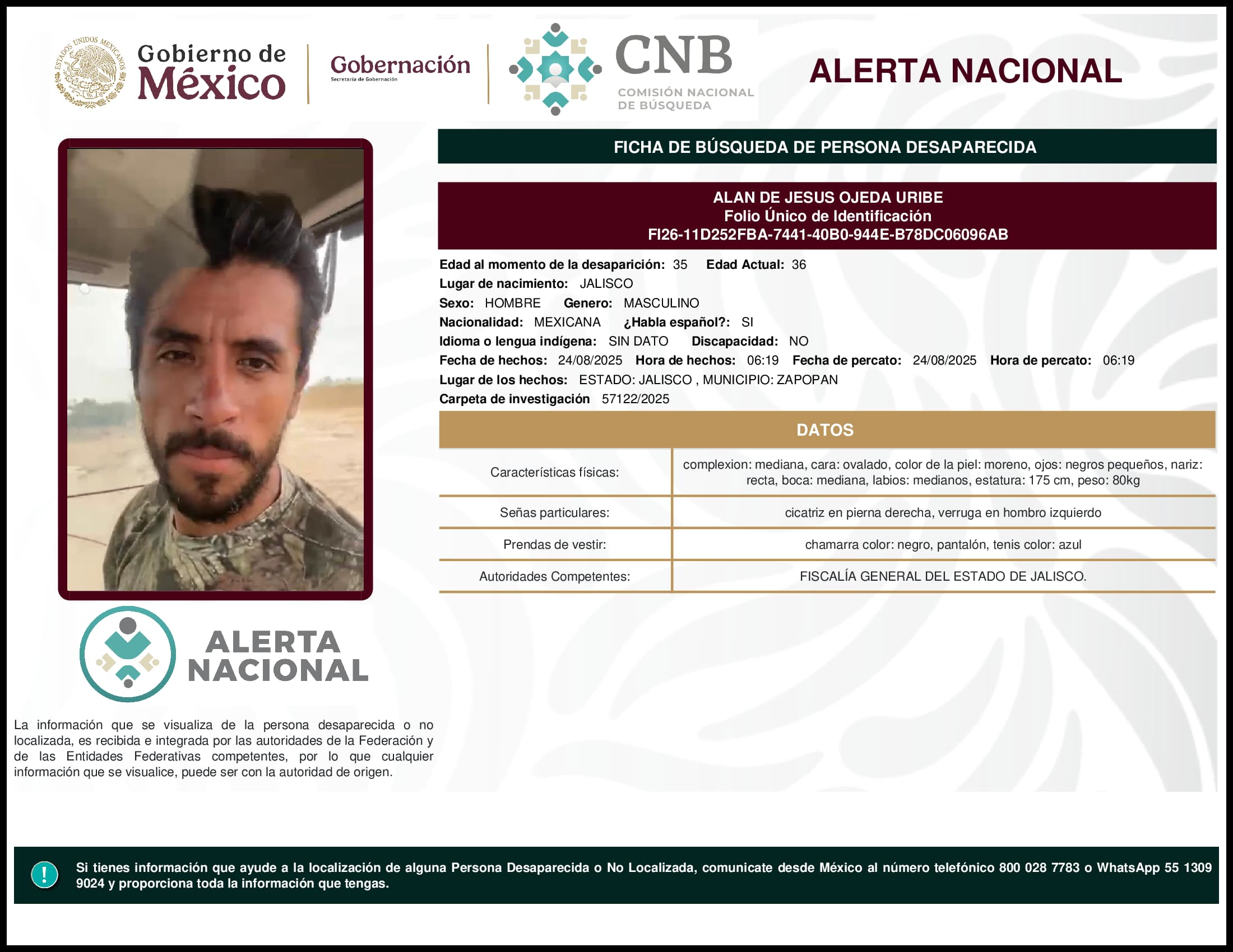 Persona desaparecida Alan De Jesus Ojeda Uribe