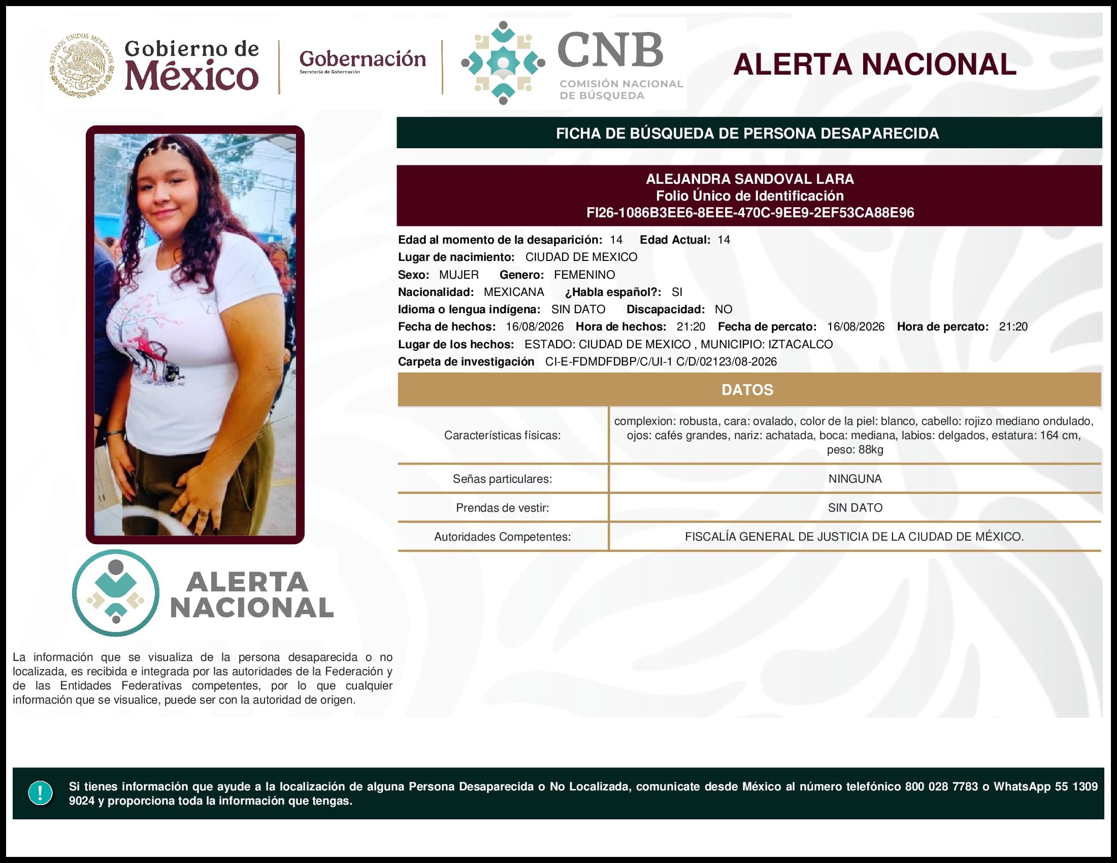 Persona desaparecida Alejandra Sandoval Lara