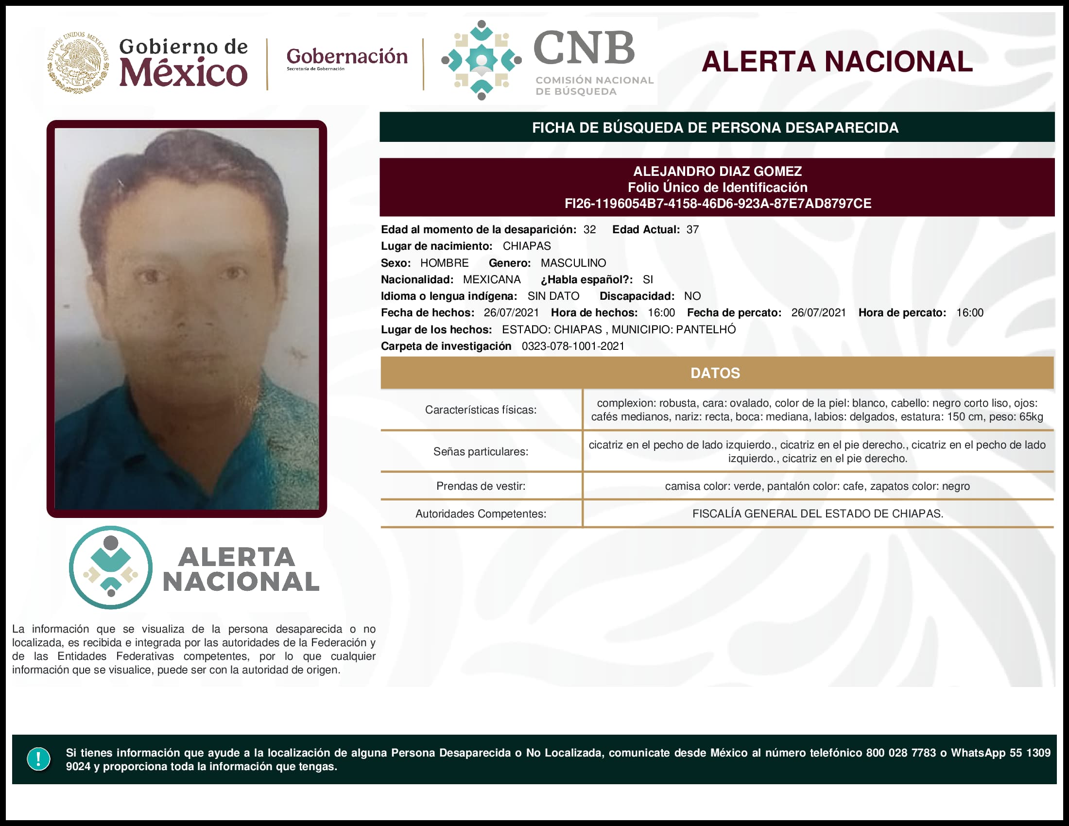 Persona desaparecida Alejandro Diaz Gomez