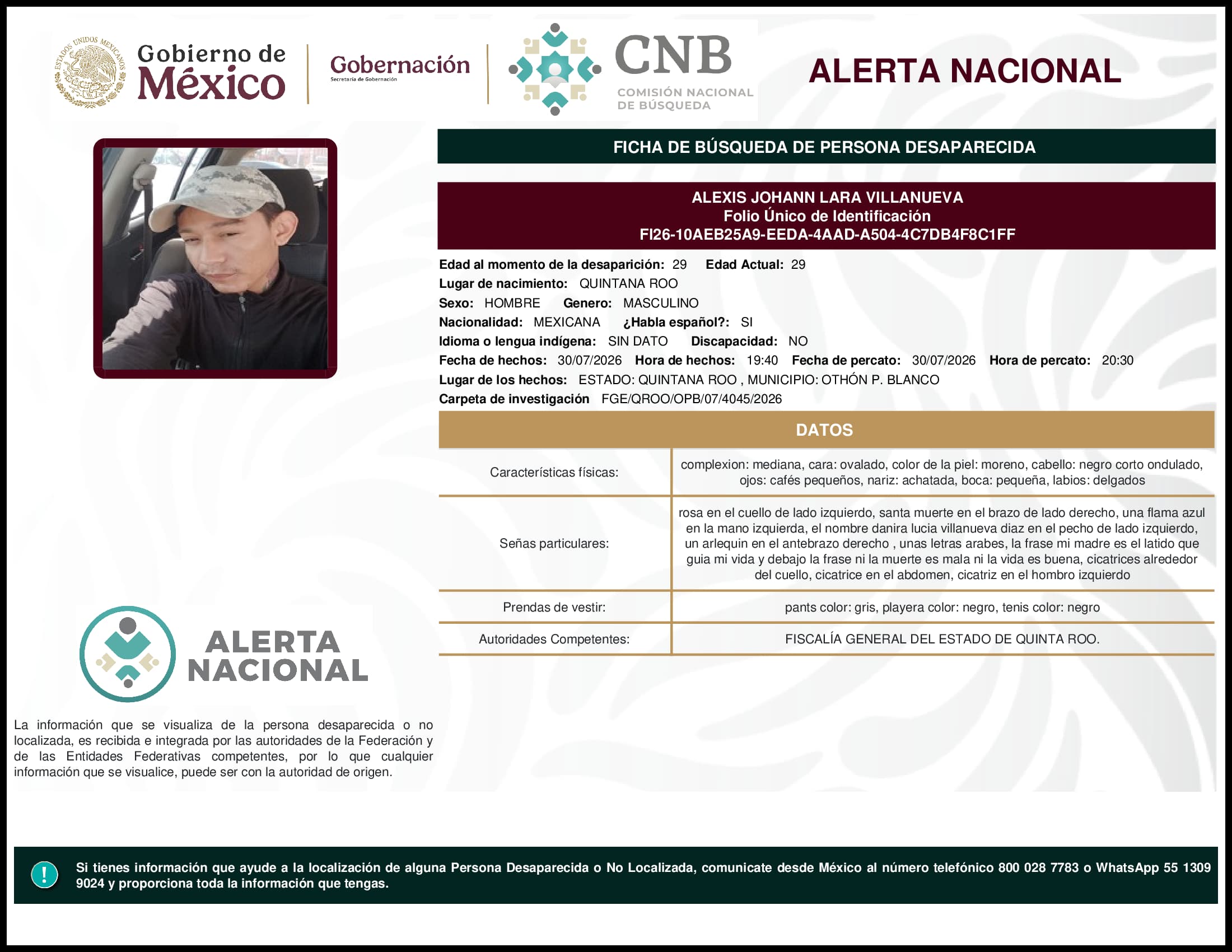 Persona desaparecida Alexis Johann Lara Villanueva