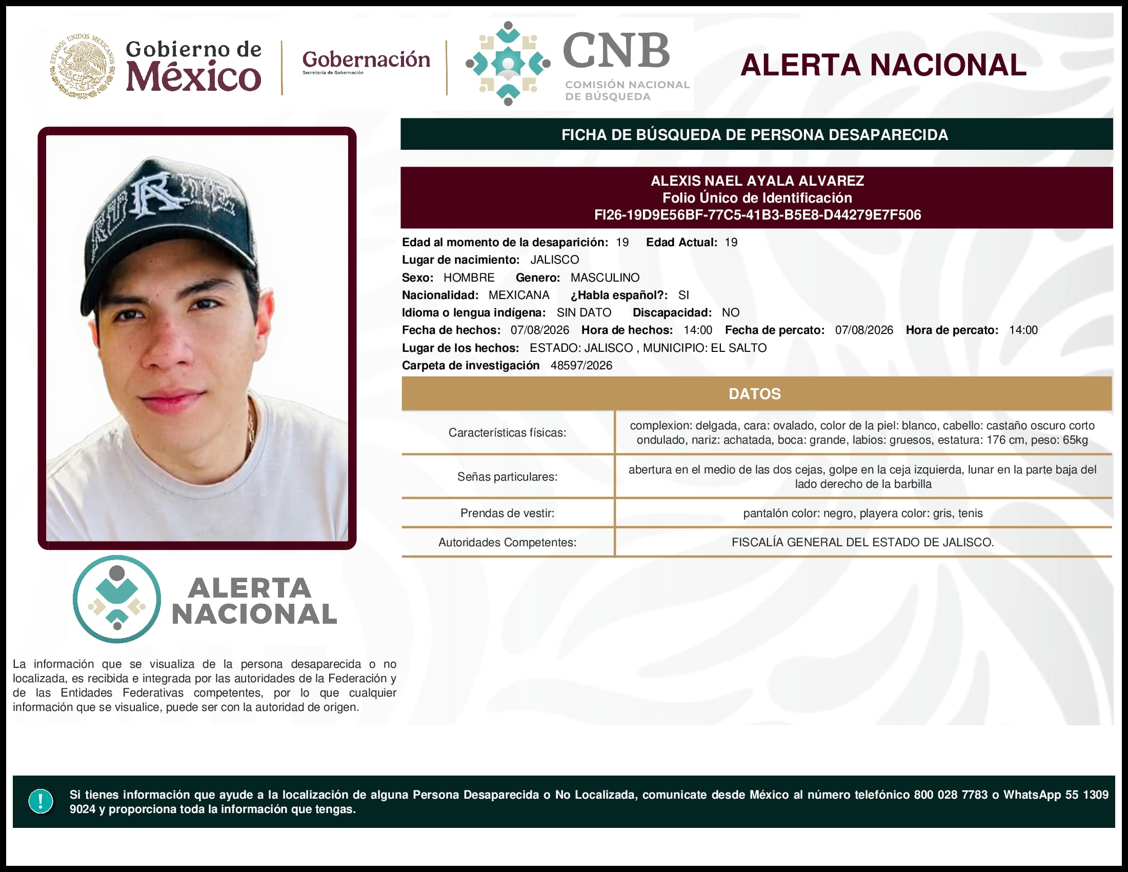 Persona desaparecida Alexis Nael Ayala Alvarez