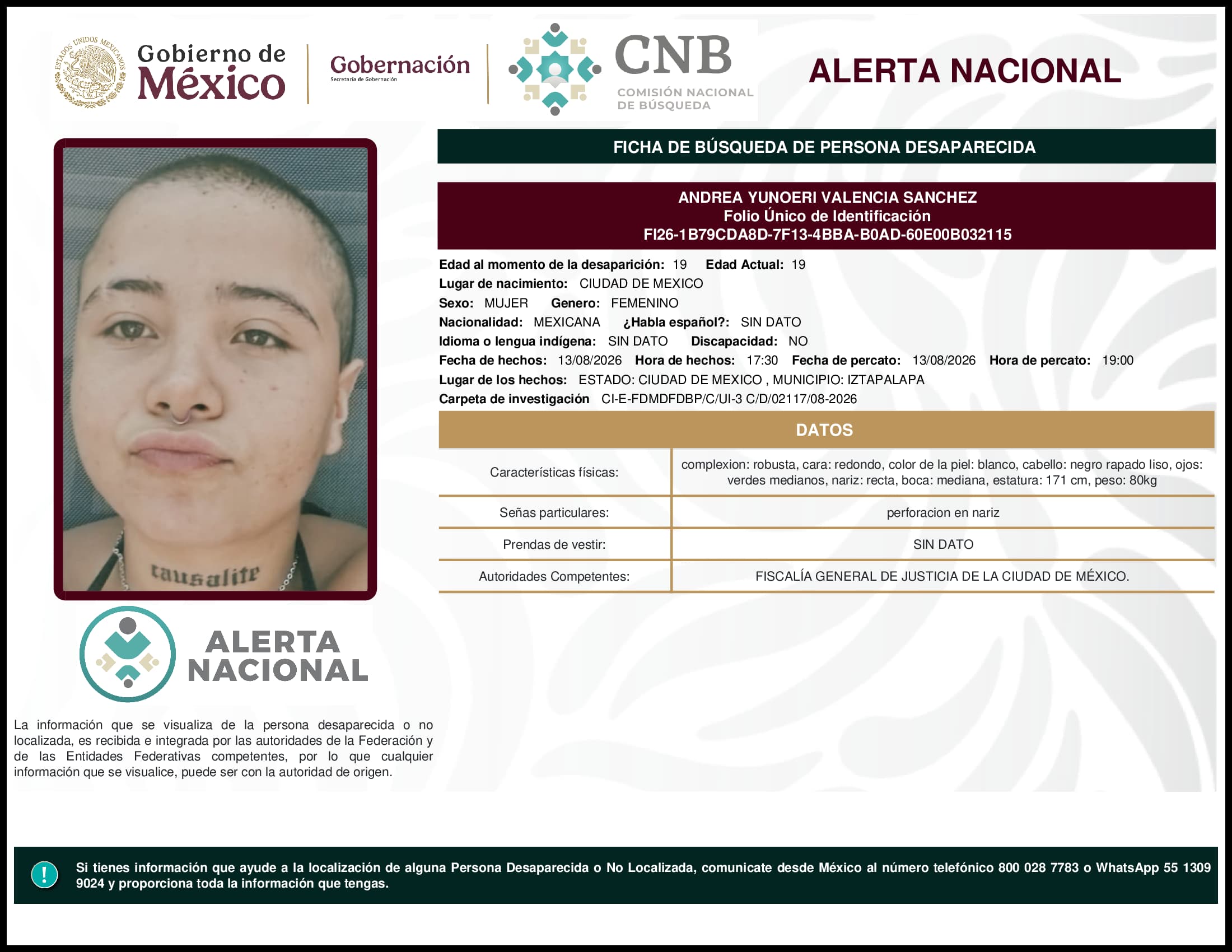Persona desaparecida Andrea Yunoeri Valencia Sanchez