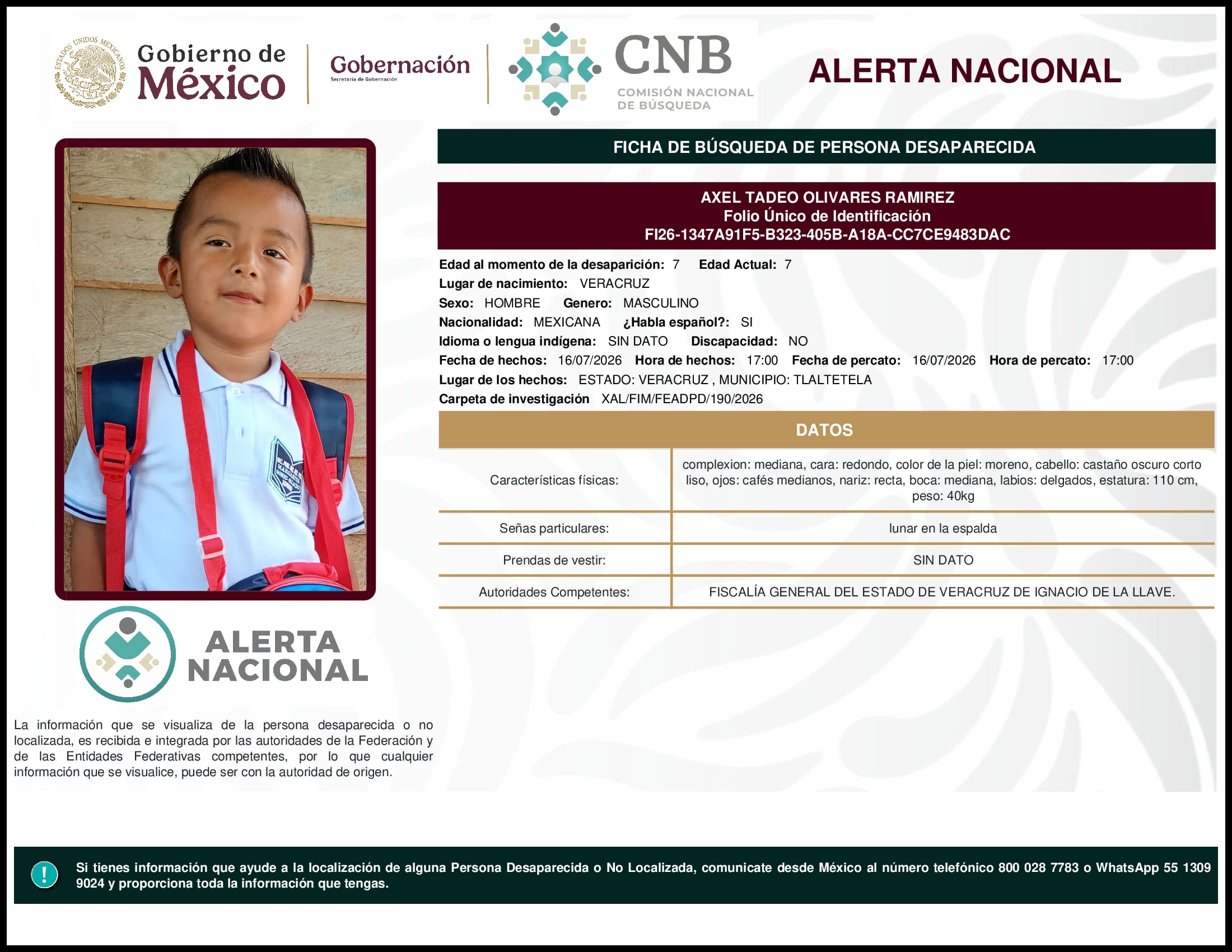 Persona desaparecida Axel Tadeo Olivares Ramirez