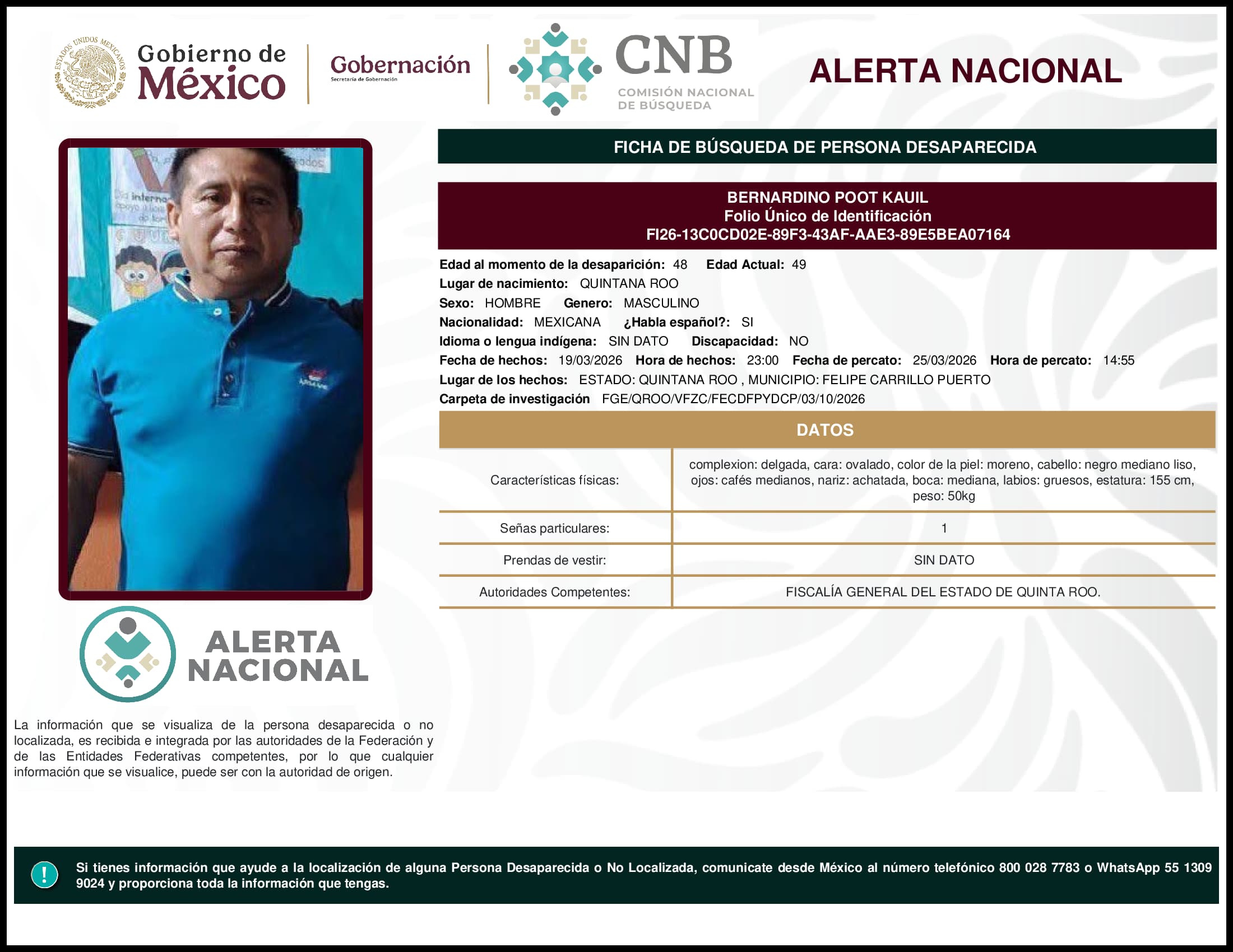 Persona desaparecida Bernardino Poot Kauil