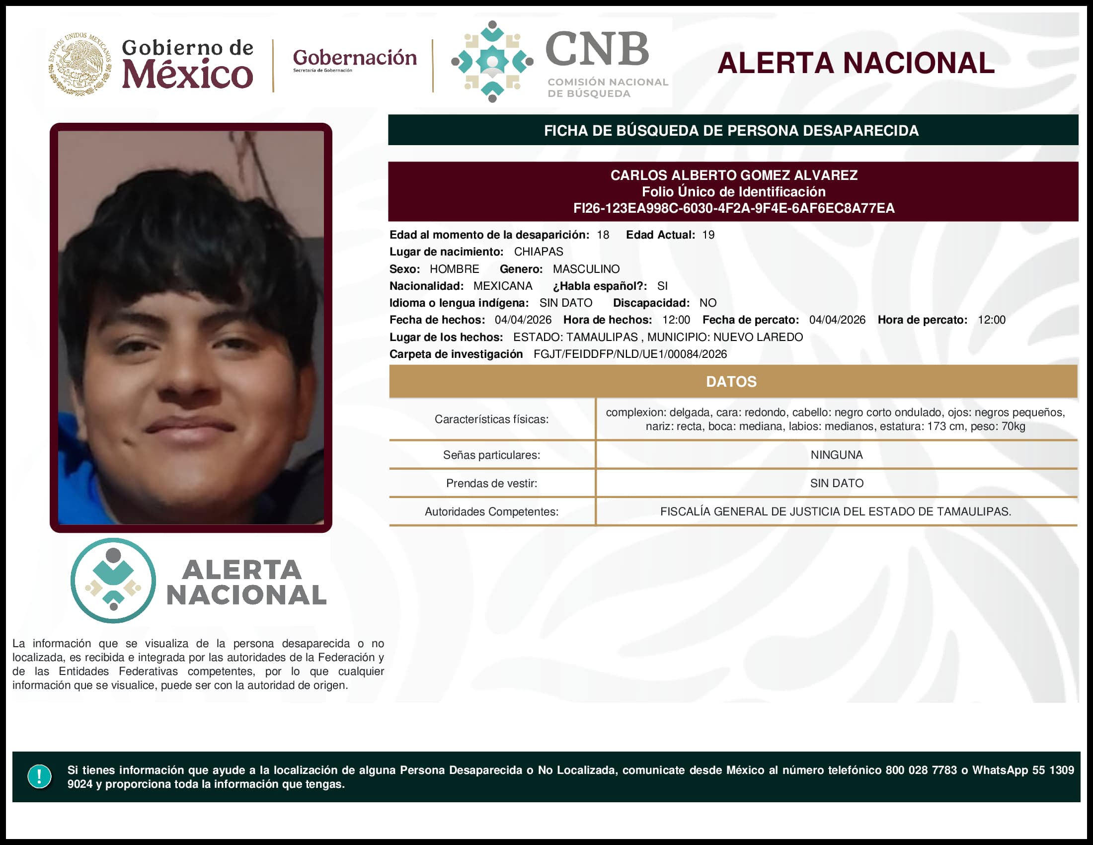 Persona desaparecida Carlos Alberto Gomez Alvarez