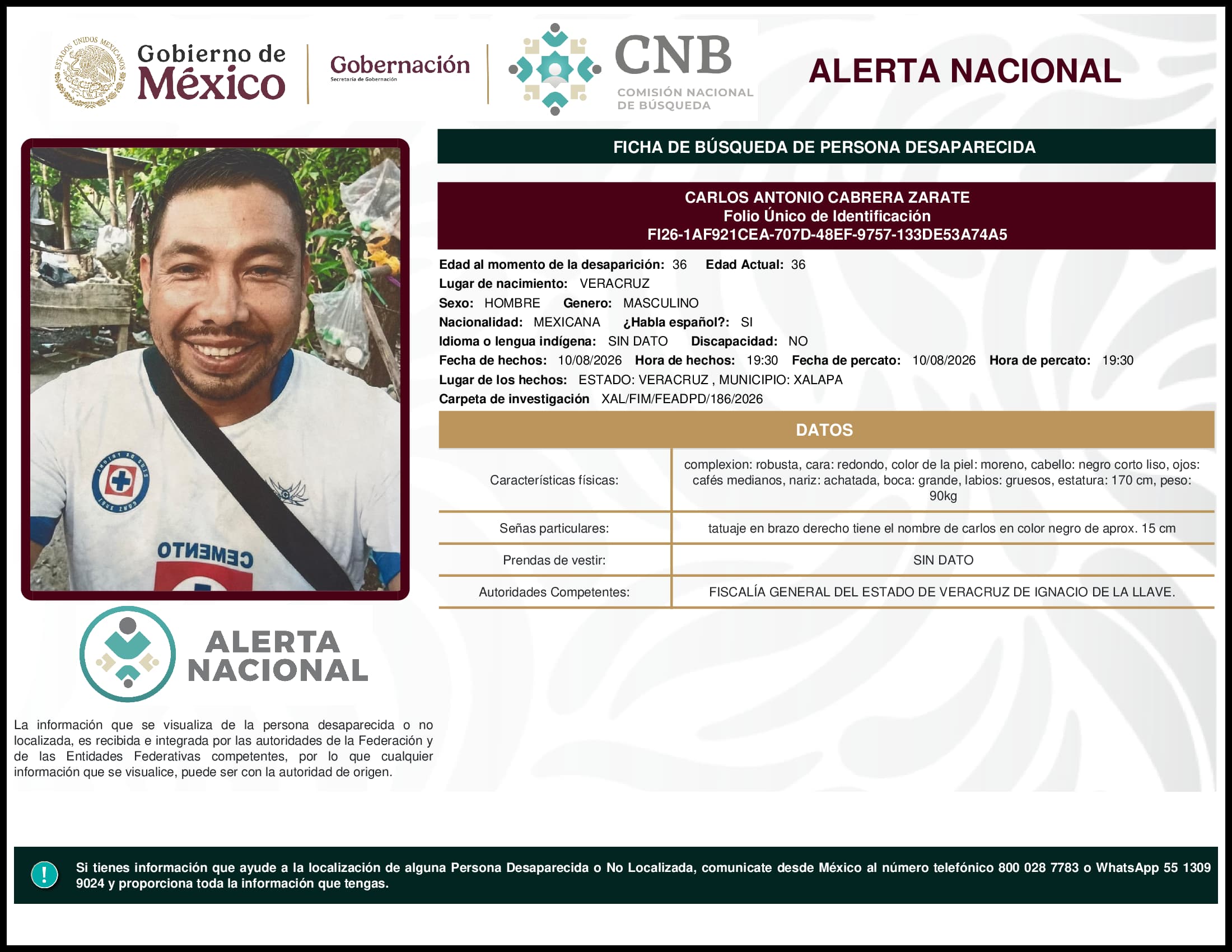 Persona desaparecida Carlos Antonio Cabrera Zarate