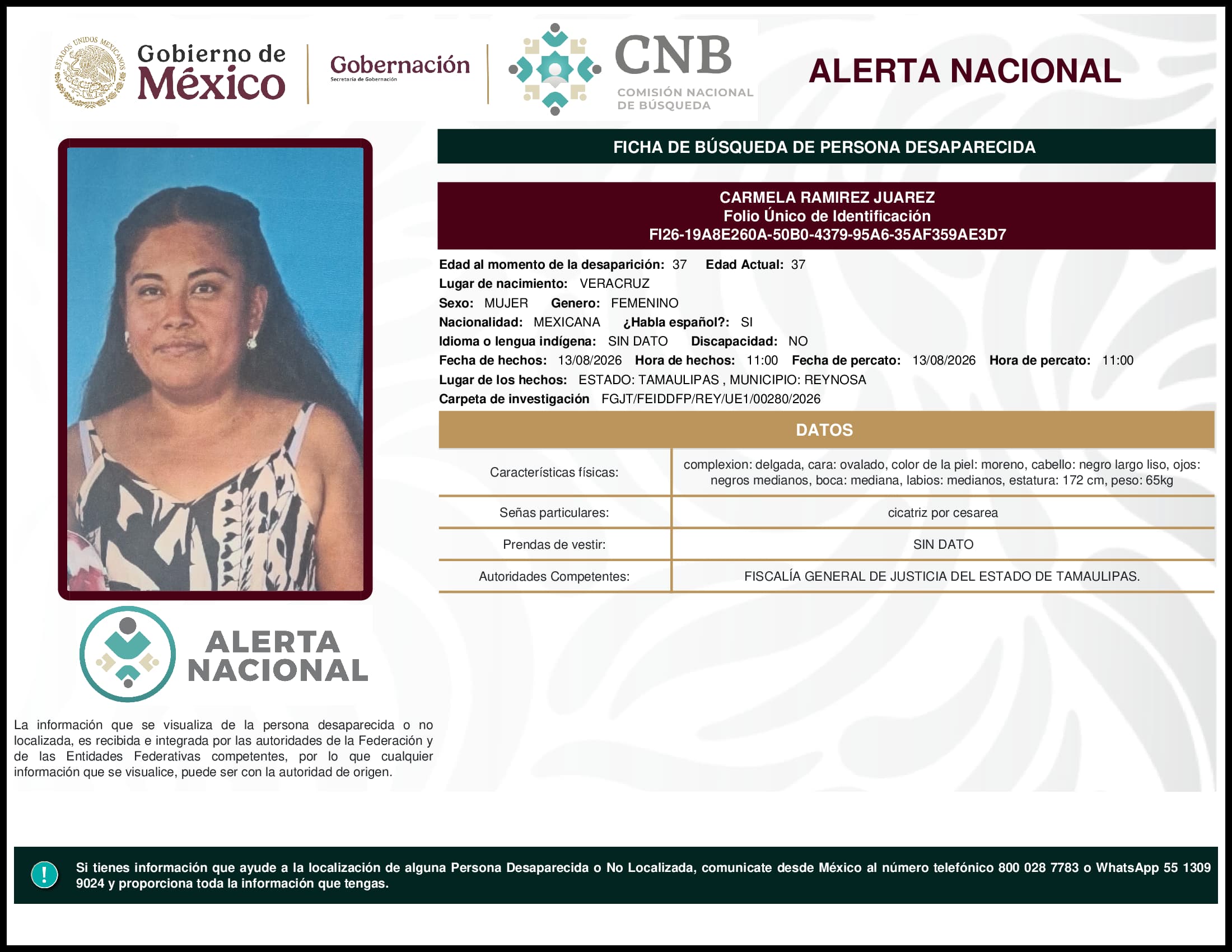 Persona desaparecida Carmela Ramirez Juarez