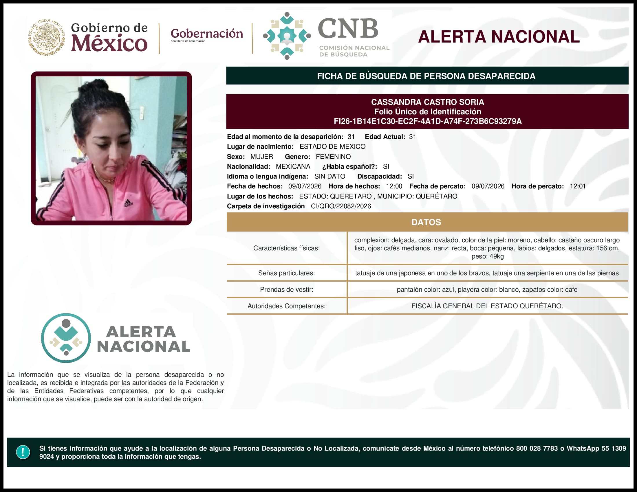 Persona desaparecida Cassandra Castro Soria
