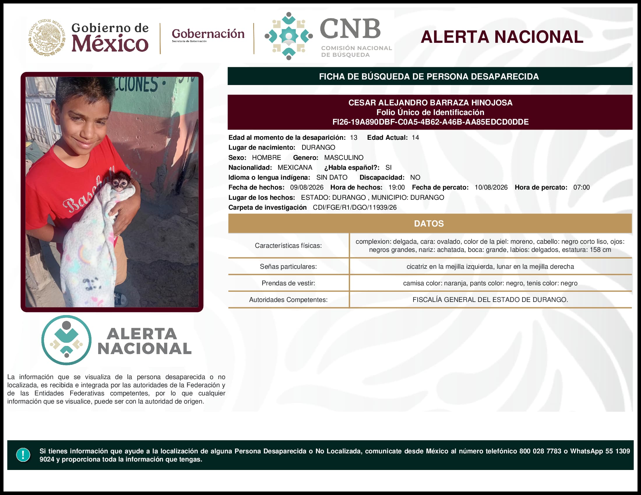 Persona desaparecida Cesar Alejandro Barraza Hinojosa