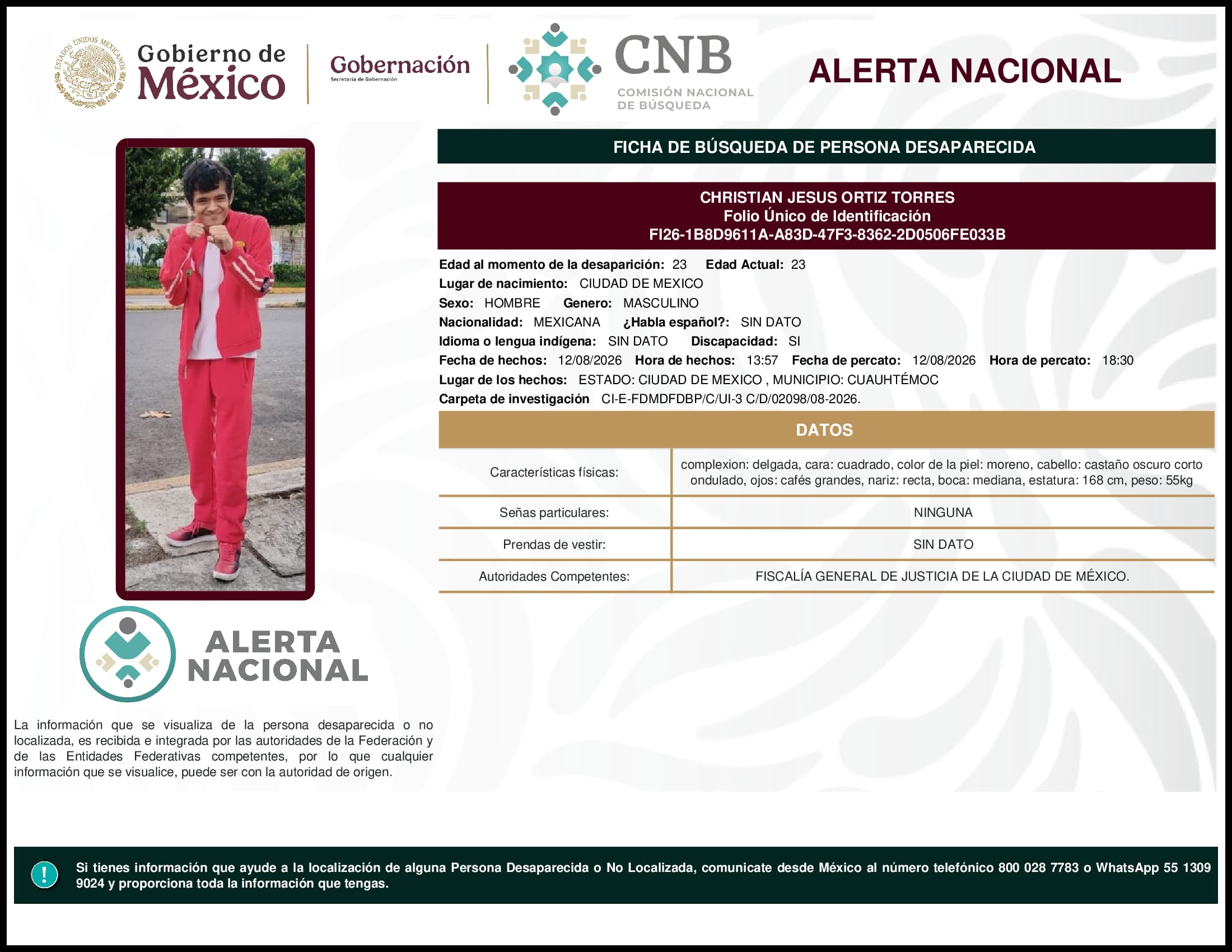Persona desaparecida Christian Jesus Ortiz Torres