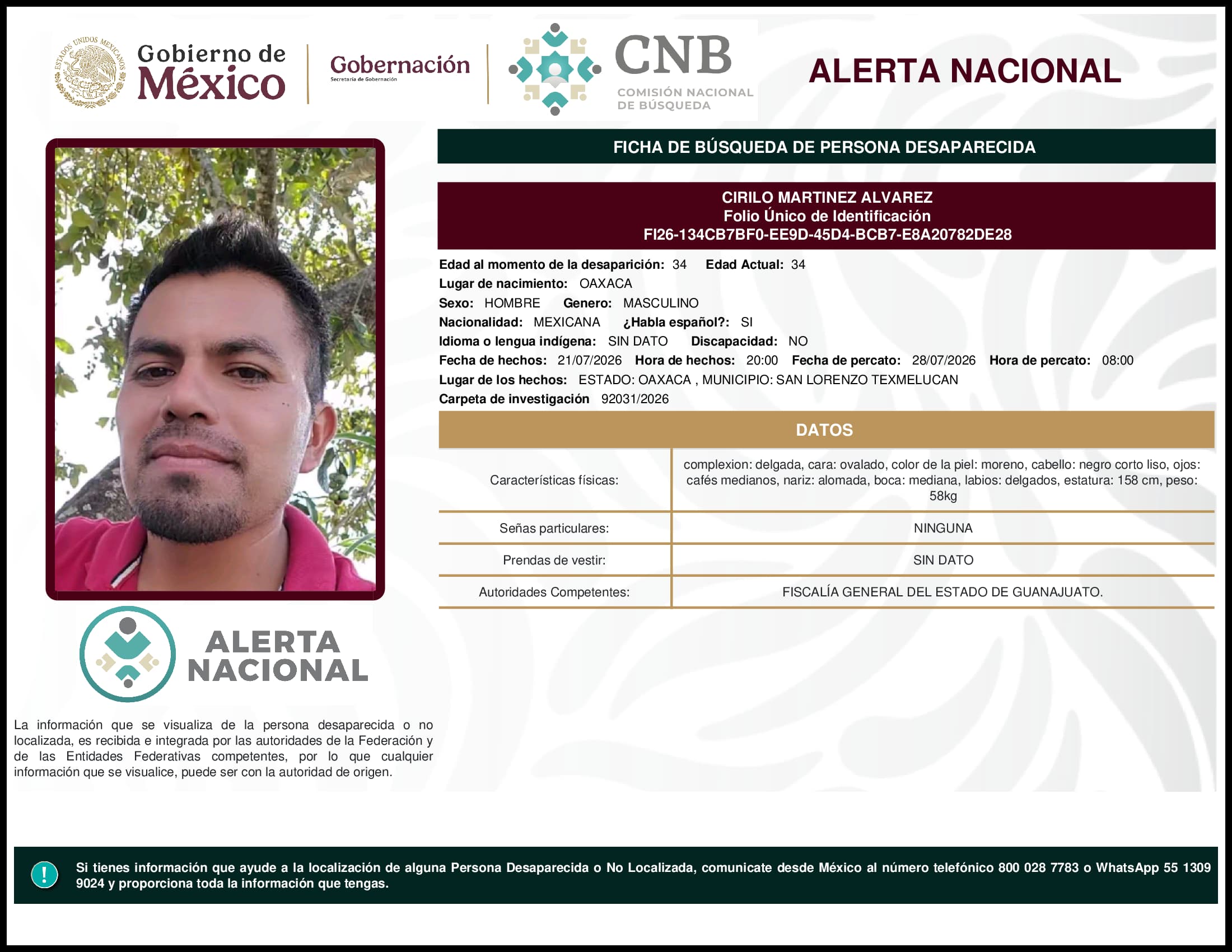 Persona desaparecida Cirilo Martinez Alvarez