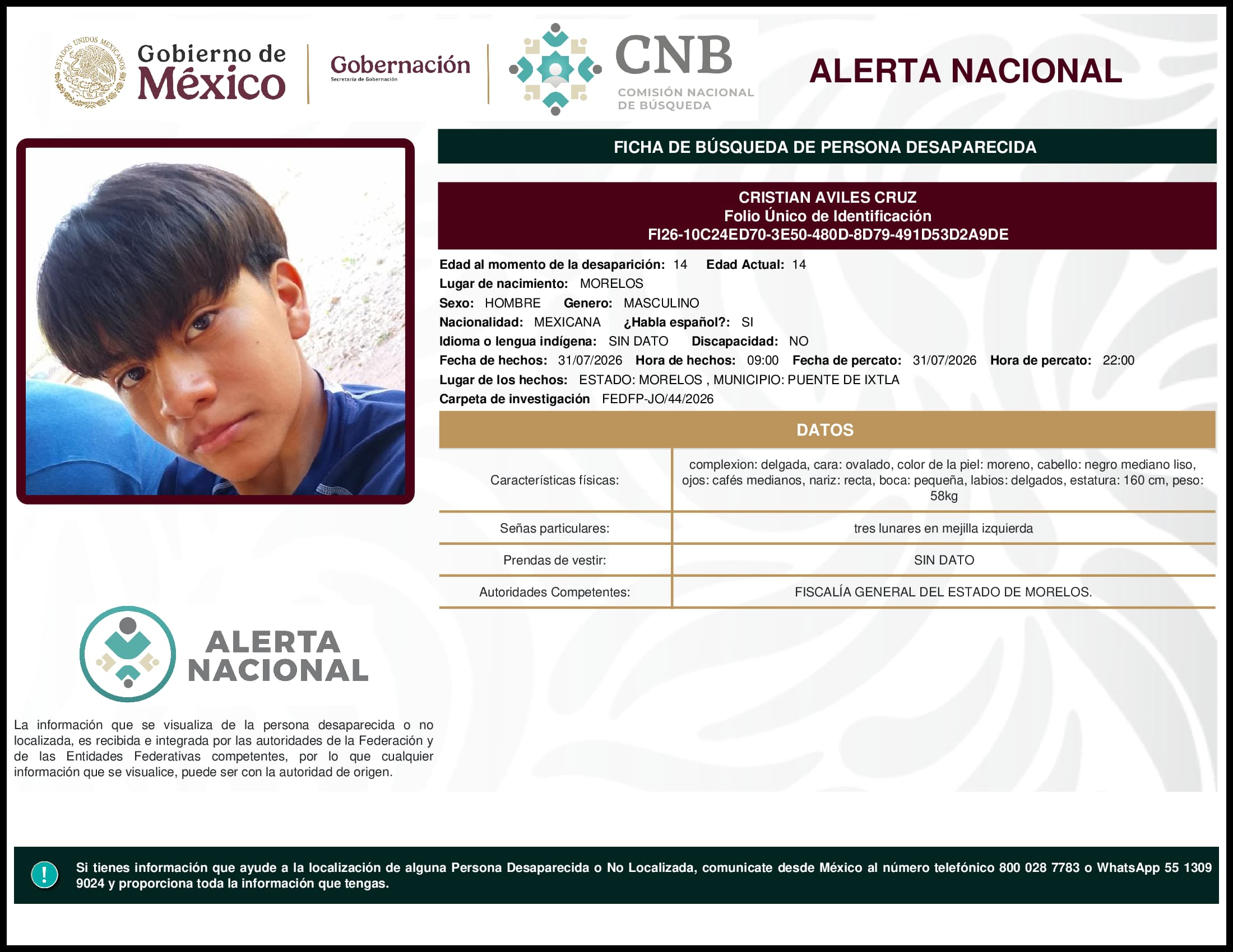 Persona desaparecida Cristian Aviles Cruz