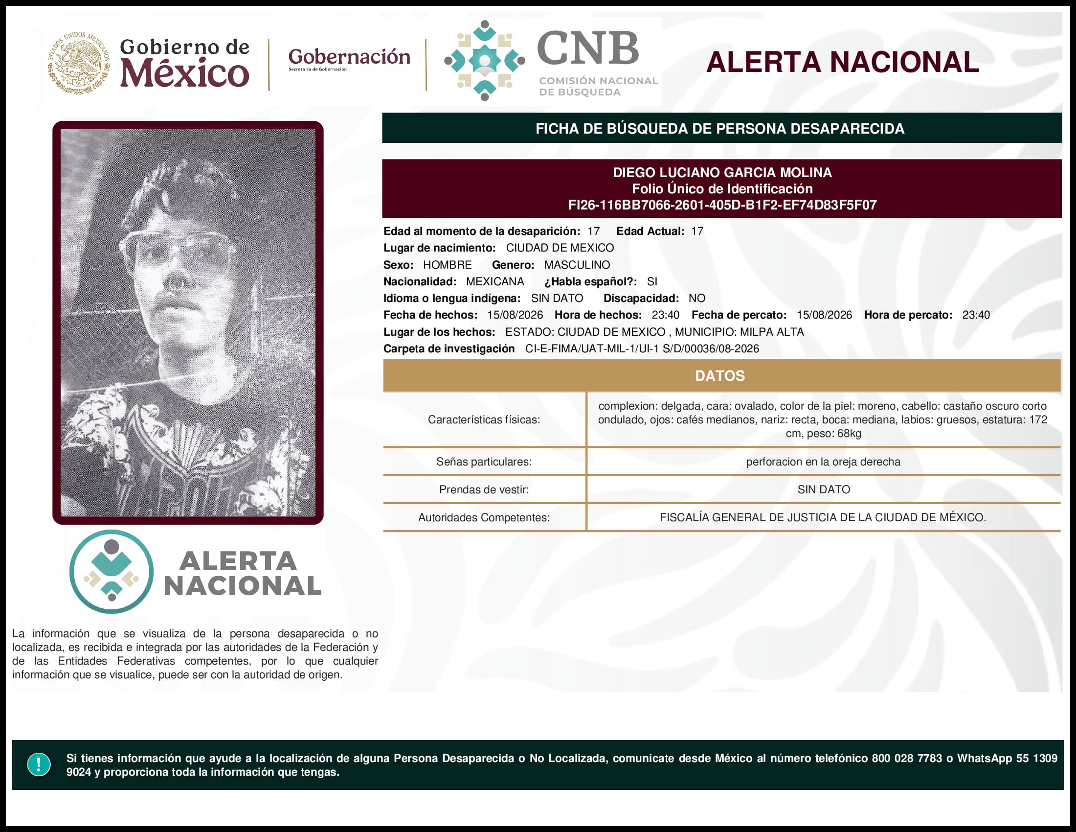 Persona desaparecida Diego Luciano Garcia Molina