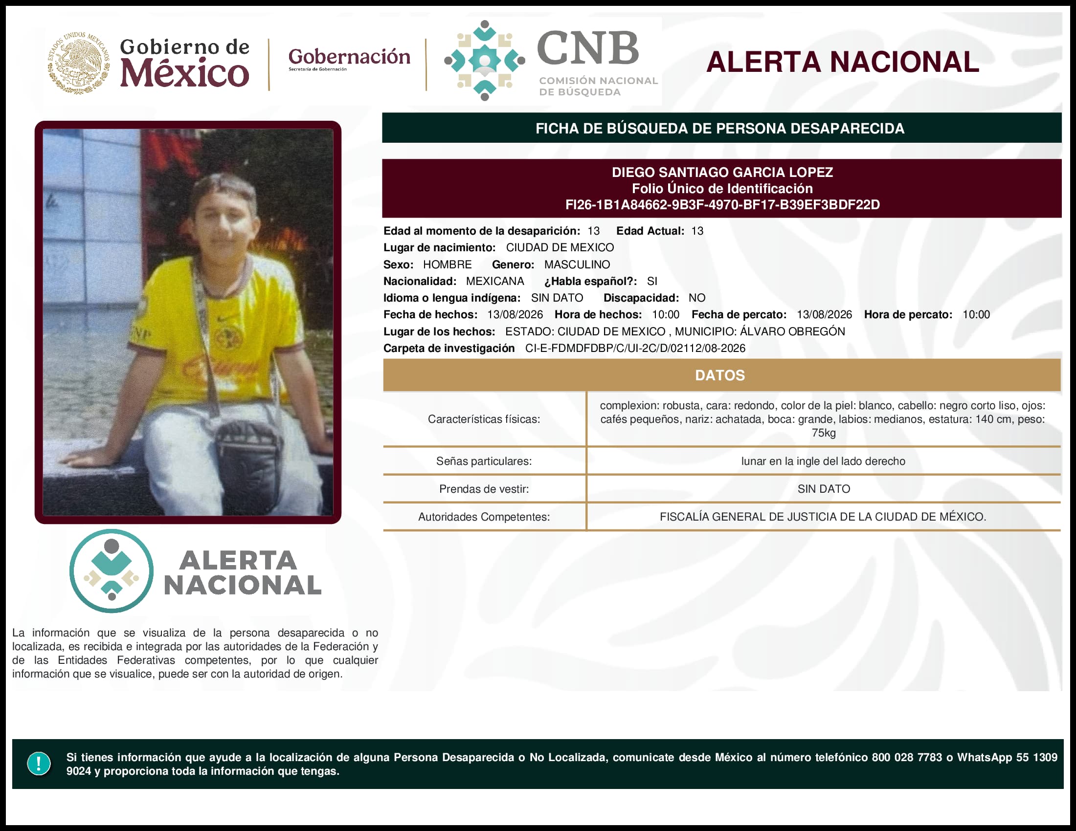 Persona desaparecida Diego Santiago Garcia Lopez