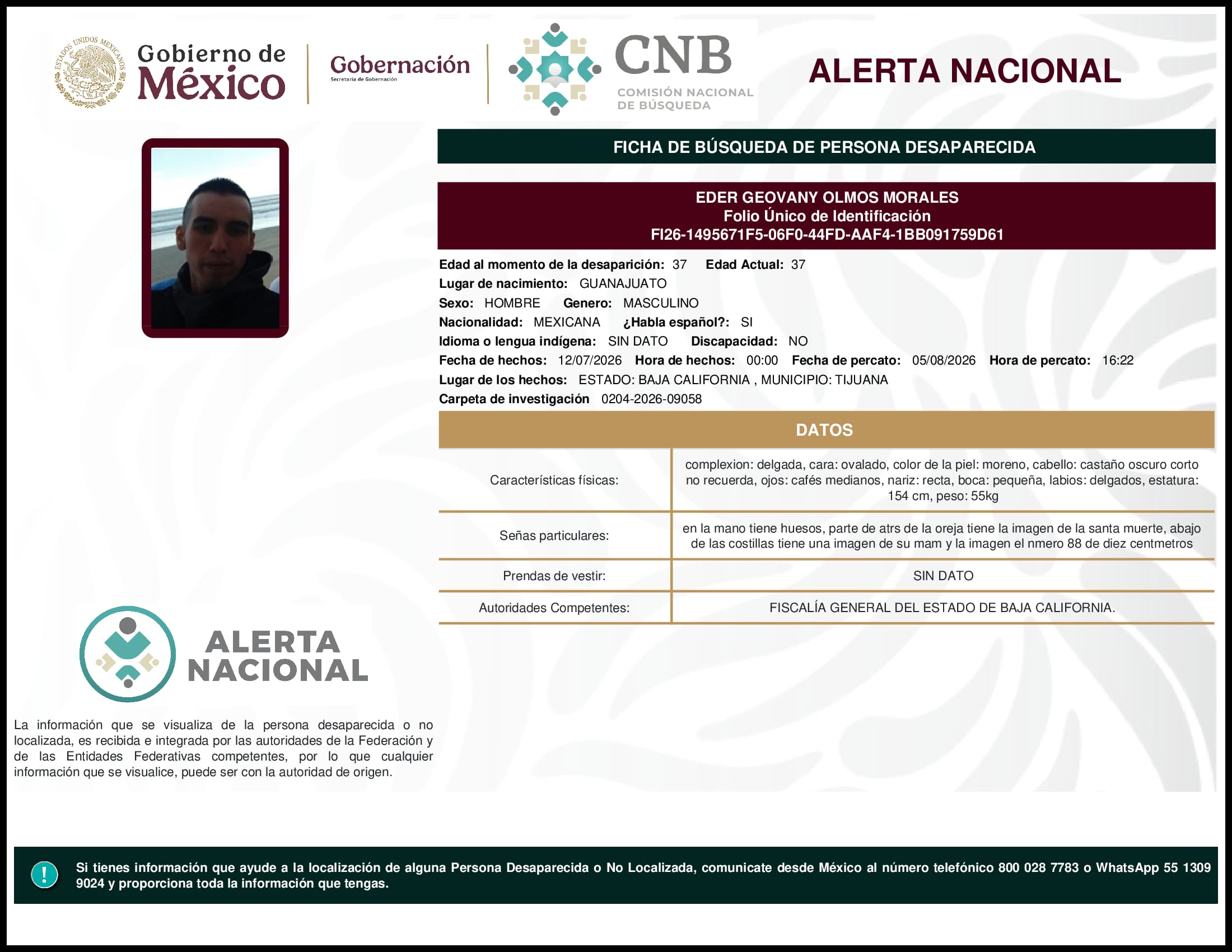 Persona desaparecida Eder Geovany Olmos Morales