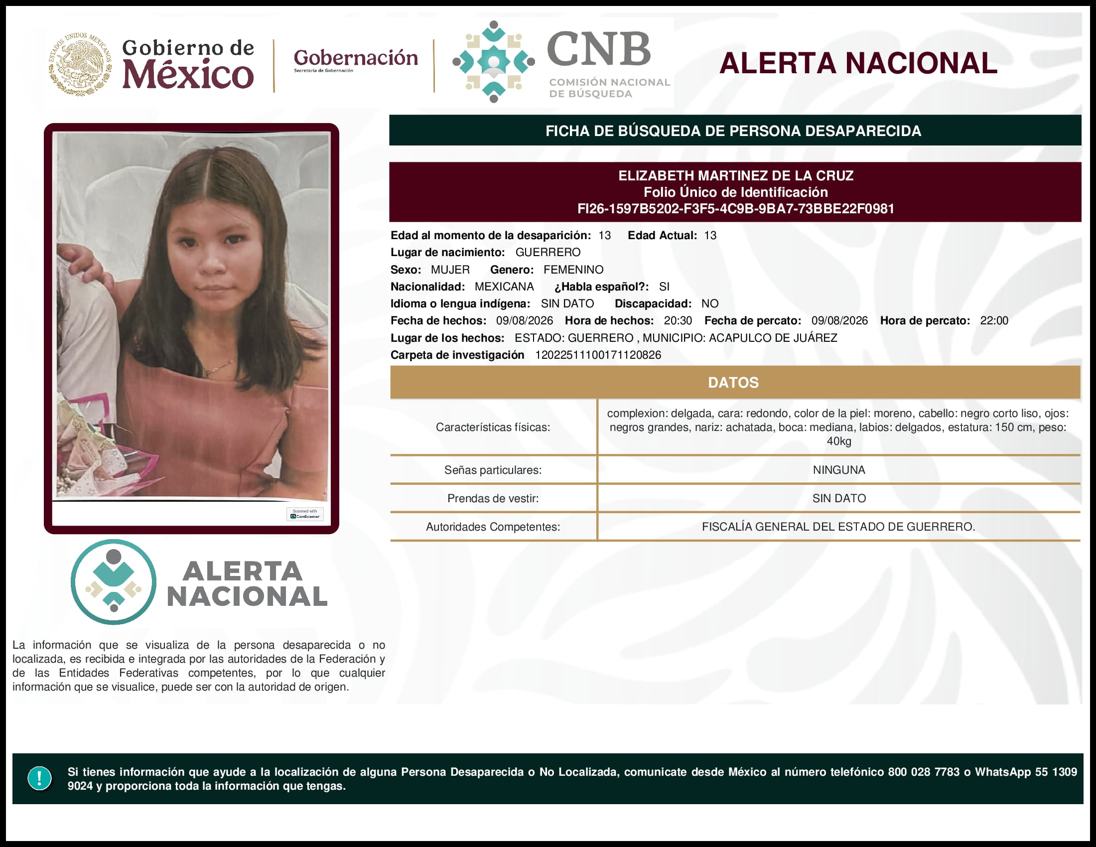 Persona desaparecida Elizabeth Martinez De La Cruz